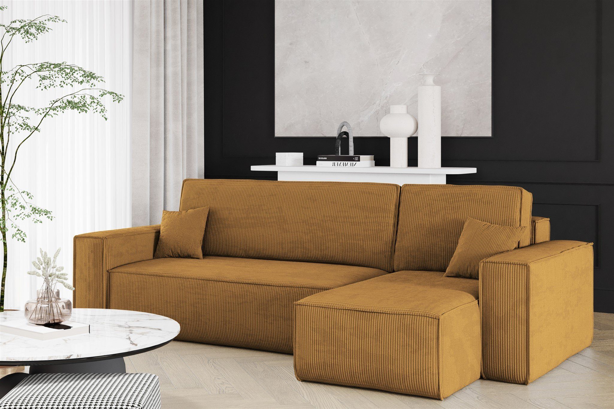 Fun Möbel Ecksofa Sofa MARIS mit Ottomane Cordstoff Poso, Ottomane Links oder Rechts, Rundumbezug