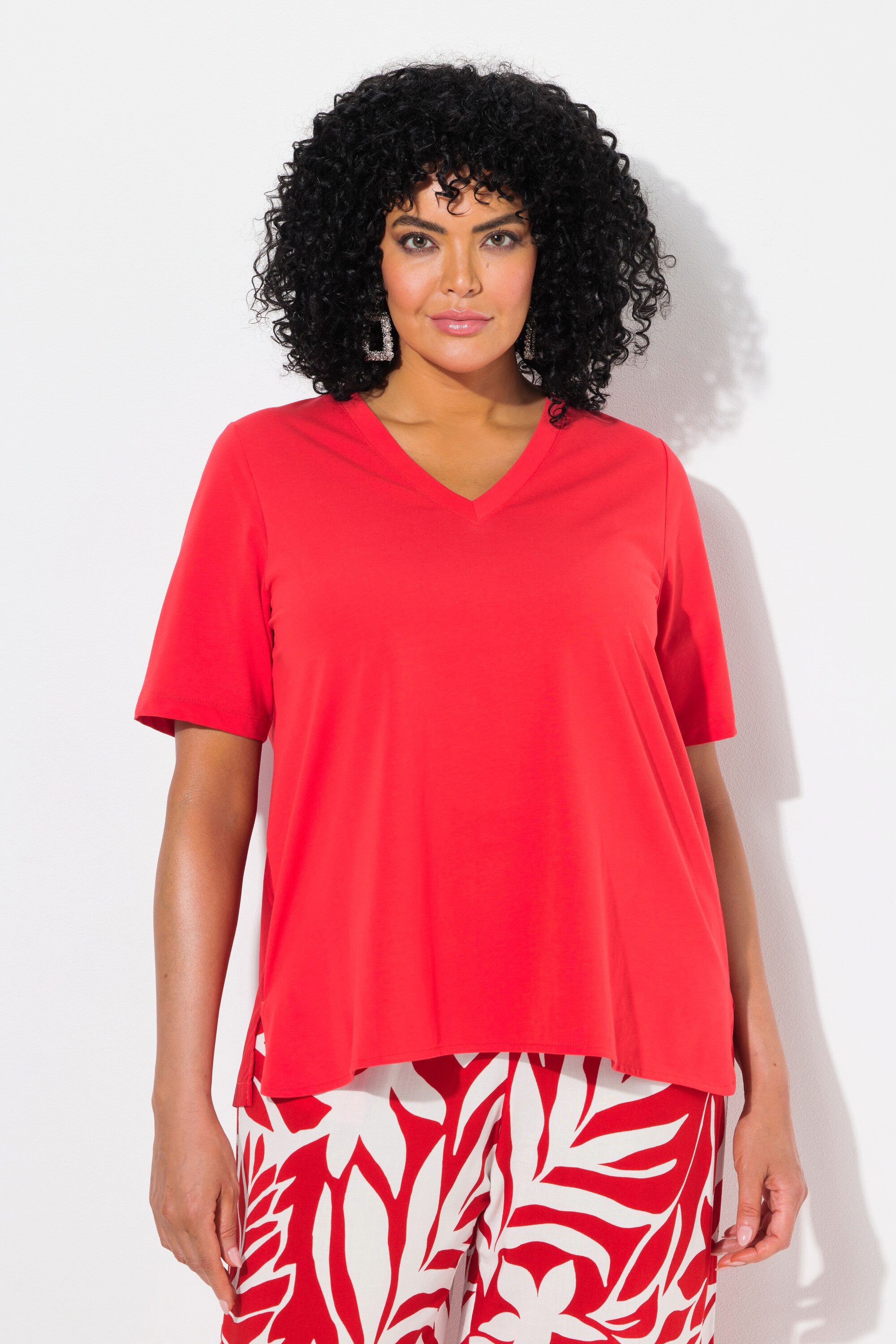 Ulla Popken T-Shirt T-Shirt Materialmix A-Linie V-Ausschnitt Halbarm