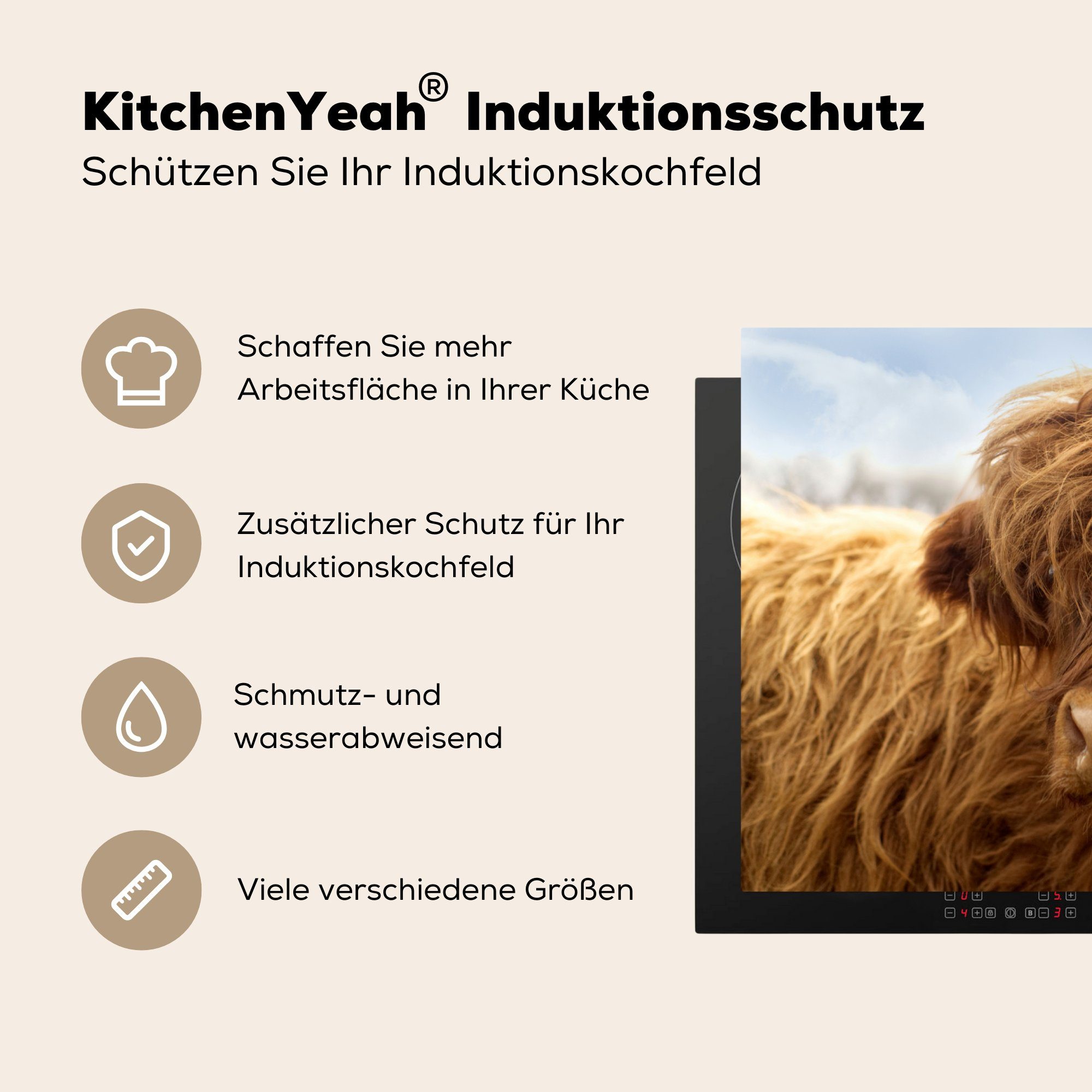 MuchoWow Herdblende-/Abdeckplatte Tiere - Schottischer 81x52 Induktionskochfeld tlg), (1 Schutz - Vinyl, cm, die küche, Braun, Highlander für Ceranfeldabdeckung