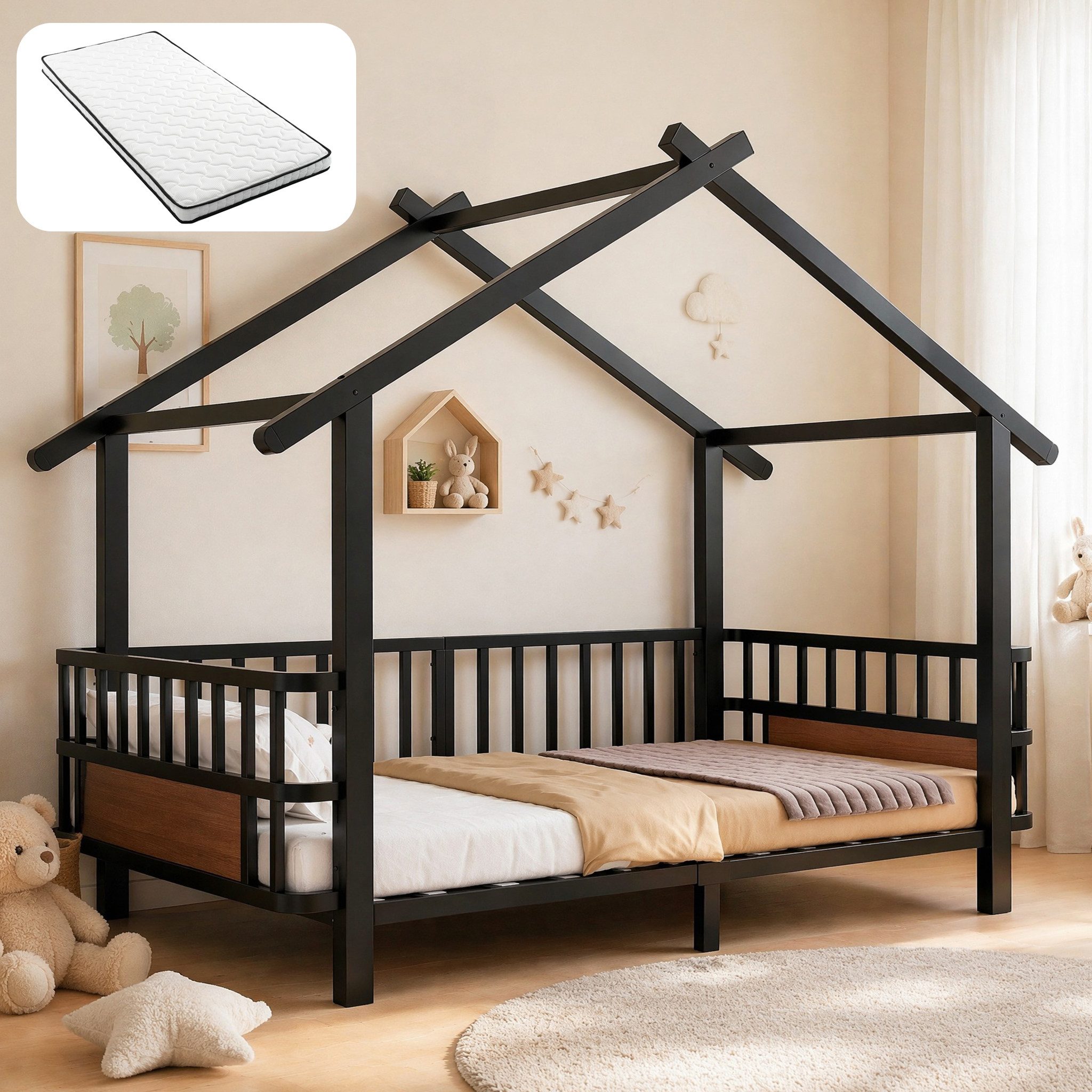 OKWISH Kinderbett Metallbett Funktionsbett (mit Dachrahmen, Sicherheitsgitter und dekorativem Gestell 90x200 cm, Funktionsbett Jugendbett), Inklusive Matratze