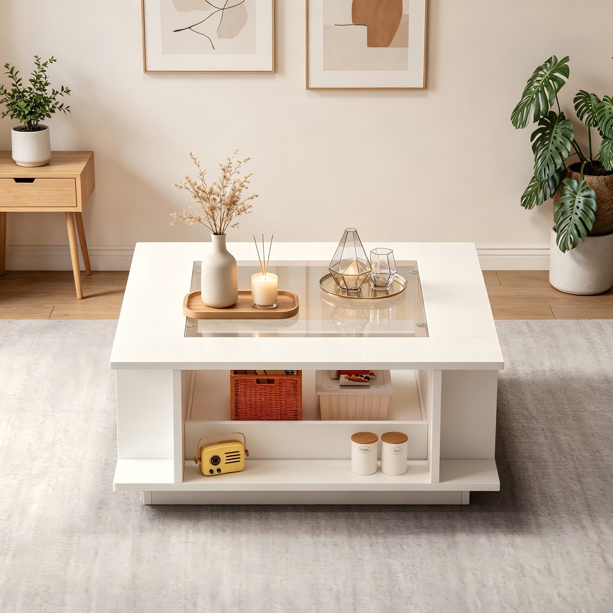 STILVORA Couchtisch in Weiß Wohnzimmersofa Sofatisch mit LED-Beleuchtung (Glasplatte, Hochglanzoberfläche, LED, 70×70×30cm, Weiß, Spanplatte, offene Fächer, Stauraum, belastbar bis 30kg), für Wohnzimmer, Lounge, Apartment, moderne Wohnbereiche