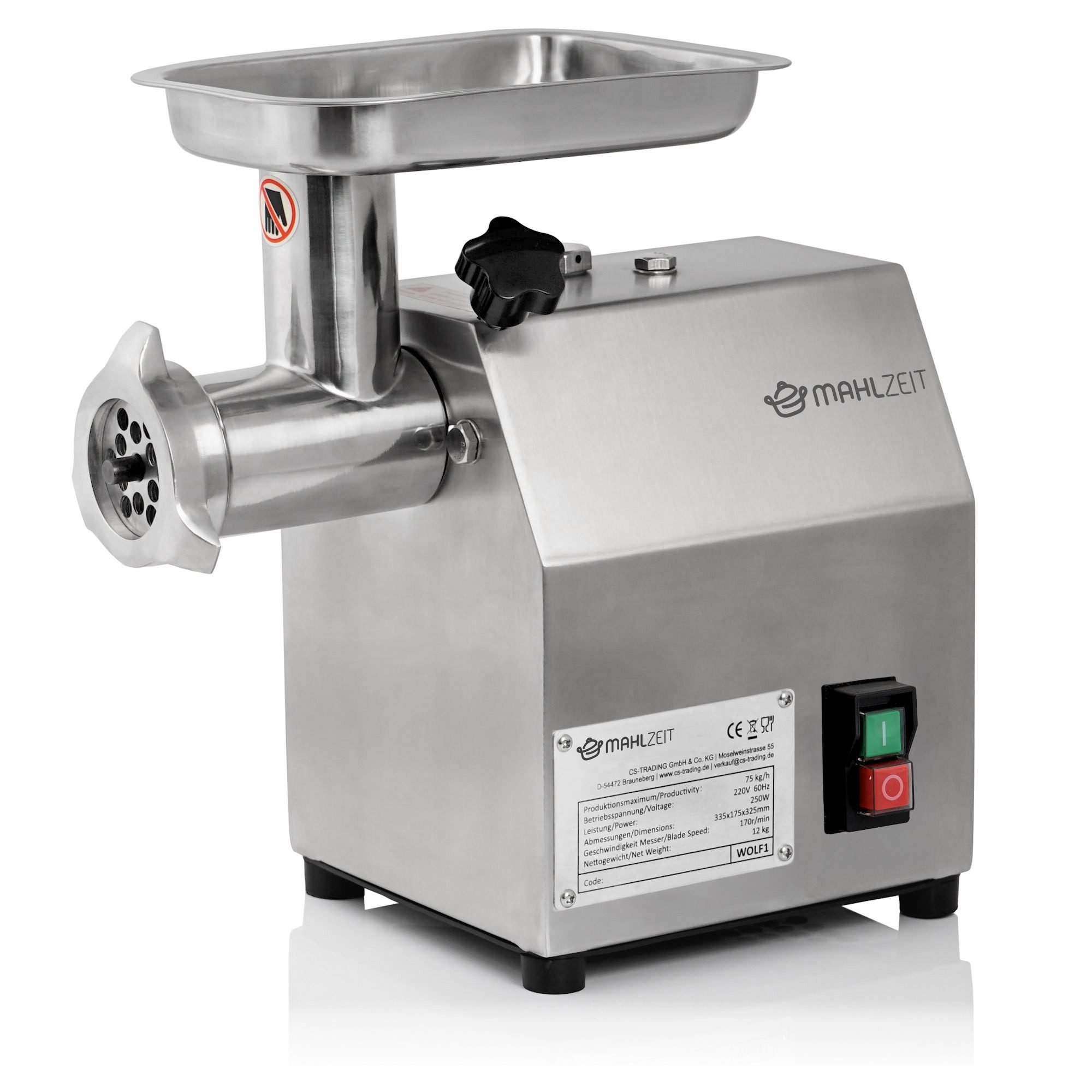 Mahlzeit Fleischwolf Profi Edelstahl Fleischwolf elektrisch, 250W - 75kg/h, Wurstfüller, 250 W