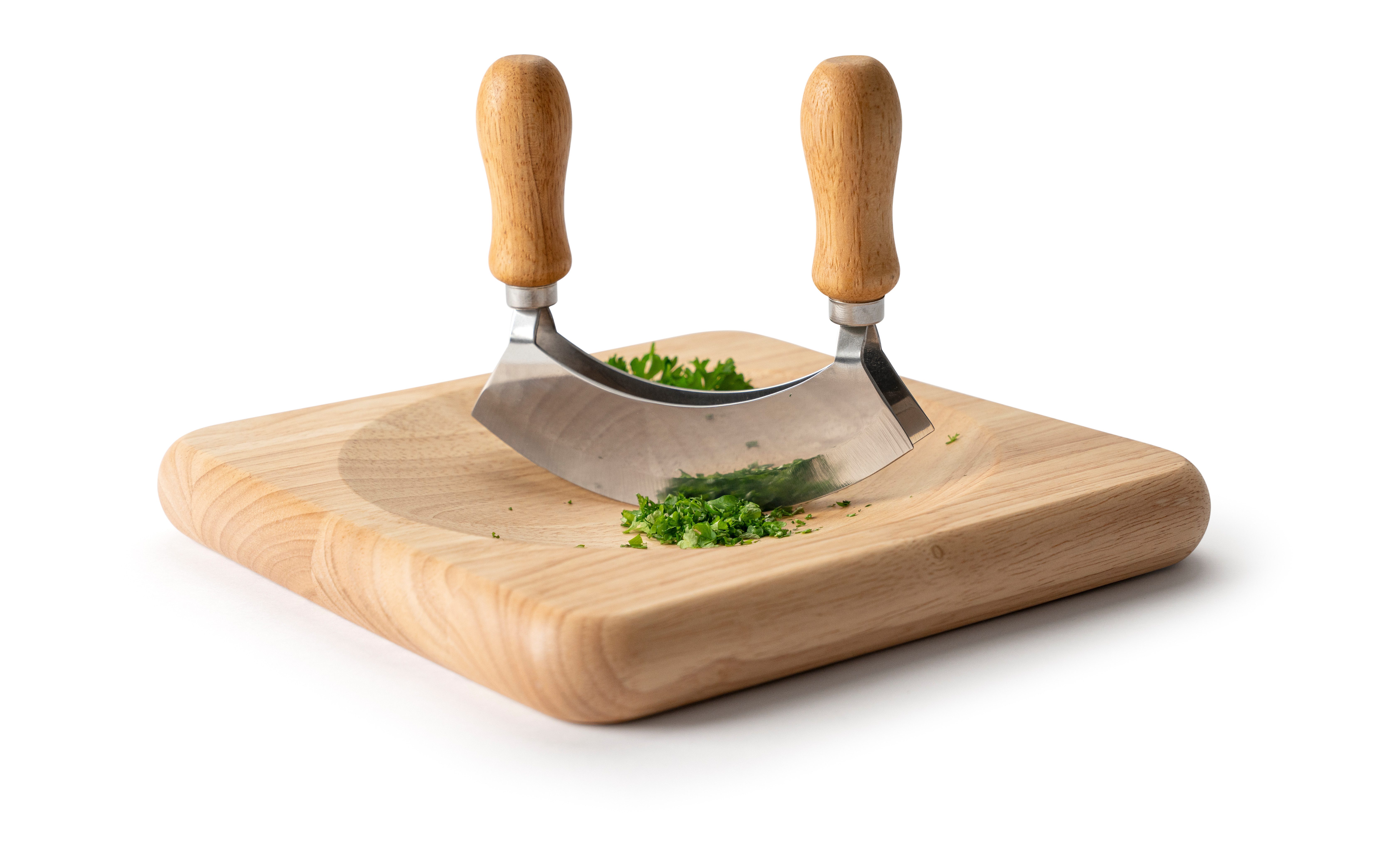 Continenta Schneidebrett Wiegemesserbrett inkl. Messer, Massivholz, (Set, 2-St., Brett & Wiegemesser), Gummibaumholz, 22,5x22,5x2,8 cm