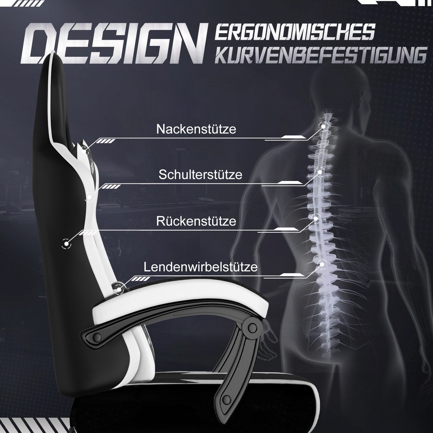 Adormii Gaming-Stuhl Gaming Stuhl ergonomisch Gaming Chair Bürostuhl verstellbare (Gaming Stuhl mit verstellbaren Lendenkissen, Armlehne und Kopfstütze, Gamer S – Bild 4 von 5