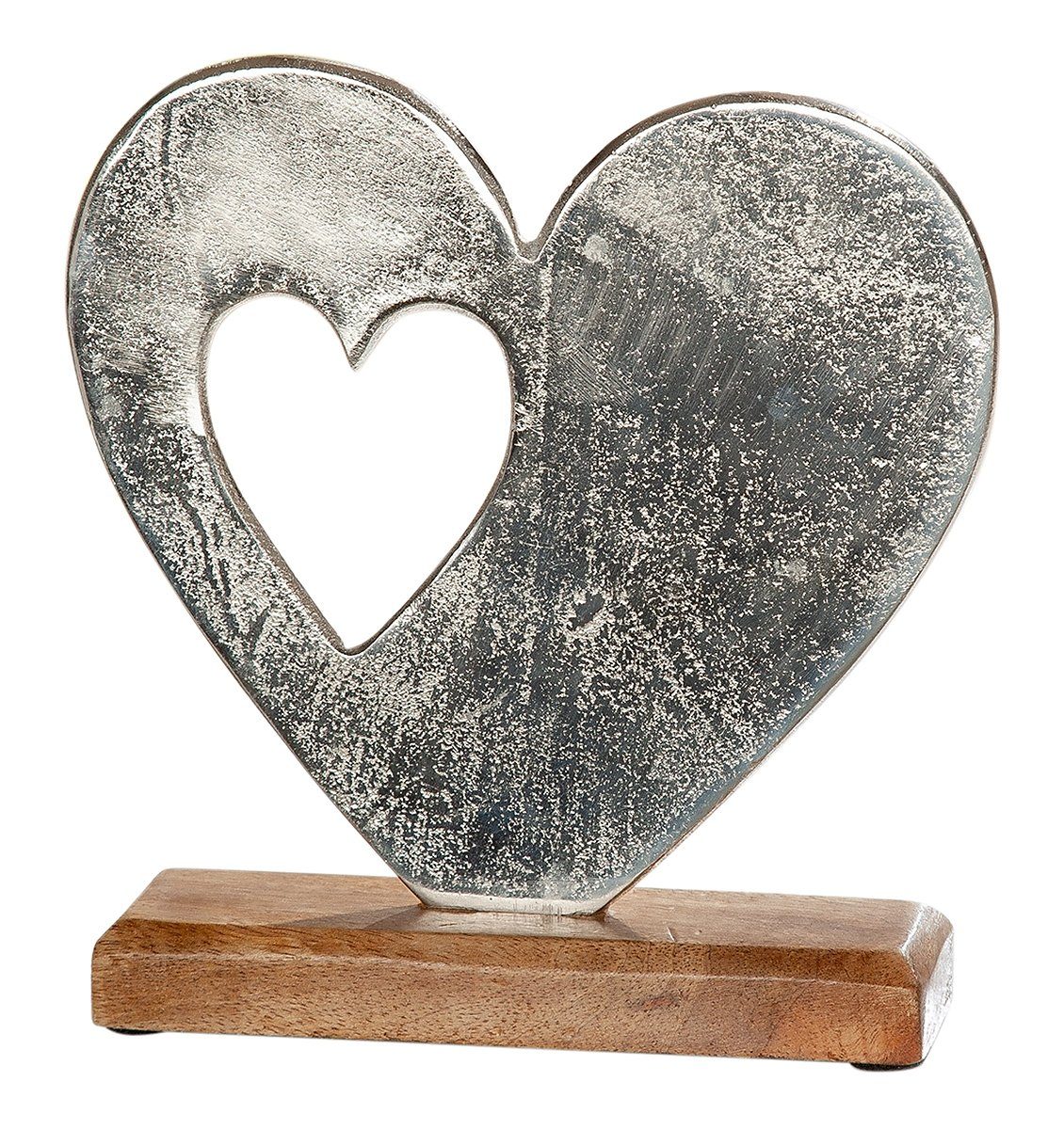 NO NAME Dekofigur Herzfigur aus Alu auf Holzsockel mit zweitem Herz, Skulptur, Sammlerfigur, Herzfigur, Weihnachtsfigur