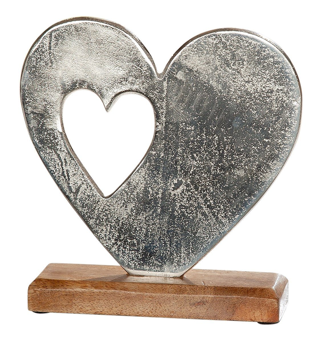 Dekofigur Herzfigur aus Alu auf Holzsockel mit zweitem Herz, Skulptur