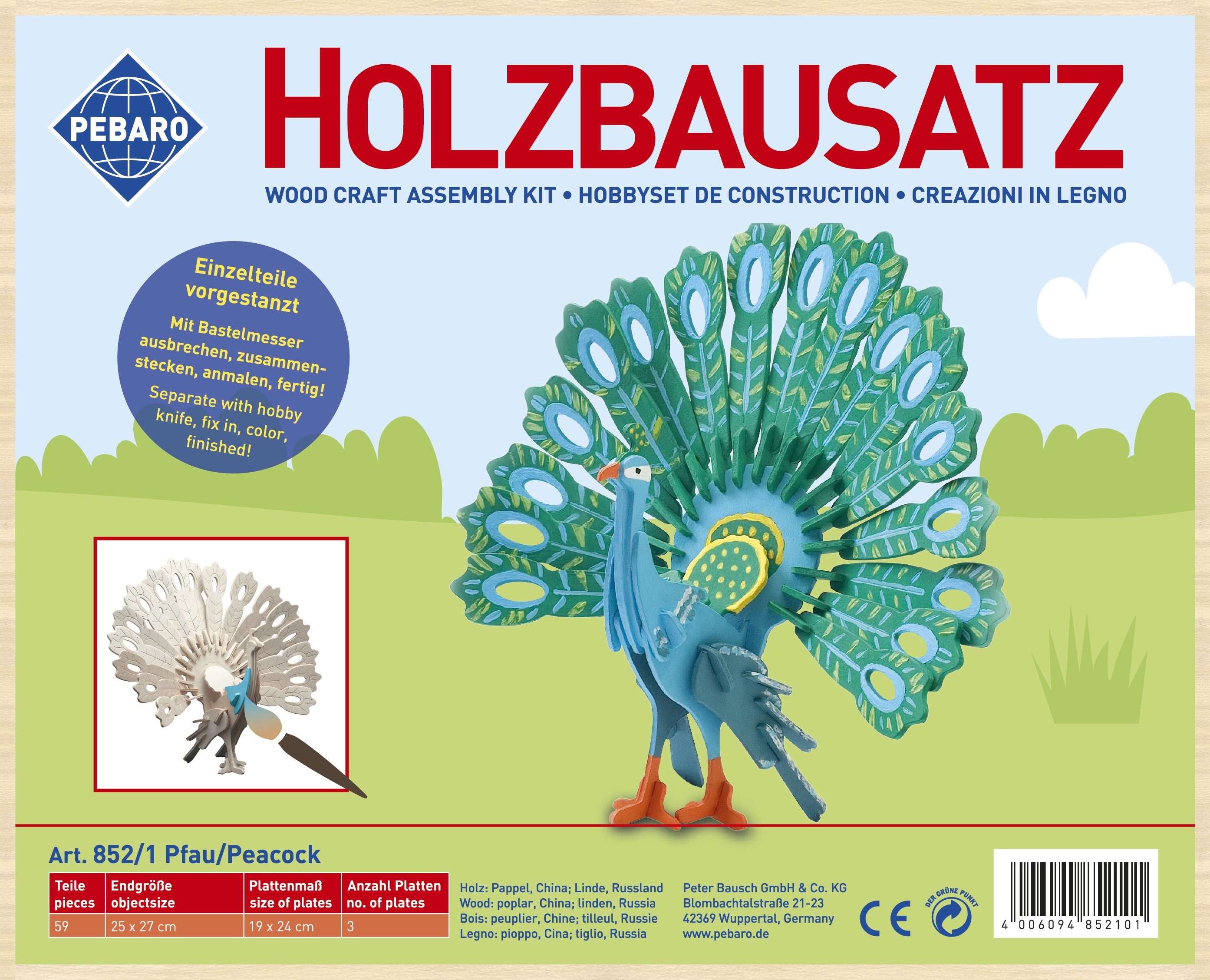 Pebaro 3D-Puzzle Holzbausatz Pfau, 852/1, 59 Puzzleteile günstig online kaufen
