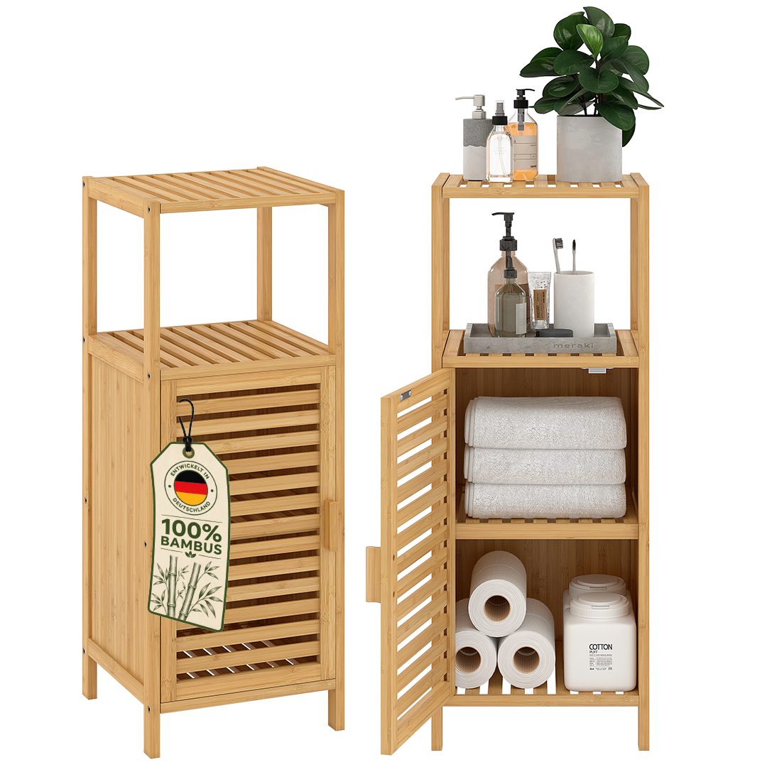Bellamio Hochschrank Newa aus Bambus, Badezimmerschrank mit Ablage, lackiert (3 Fächer) Badezimmerschrank 85×33×33 cm, verfügbar in verschiedenen Ausführungen
