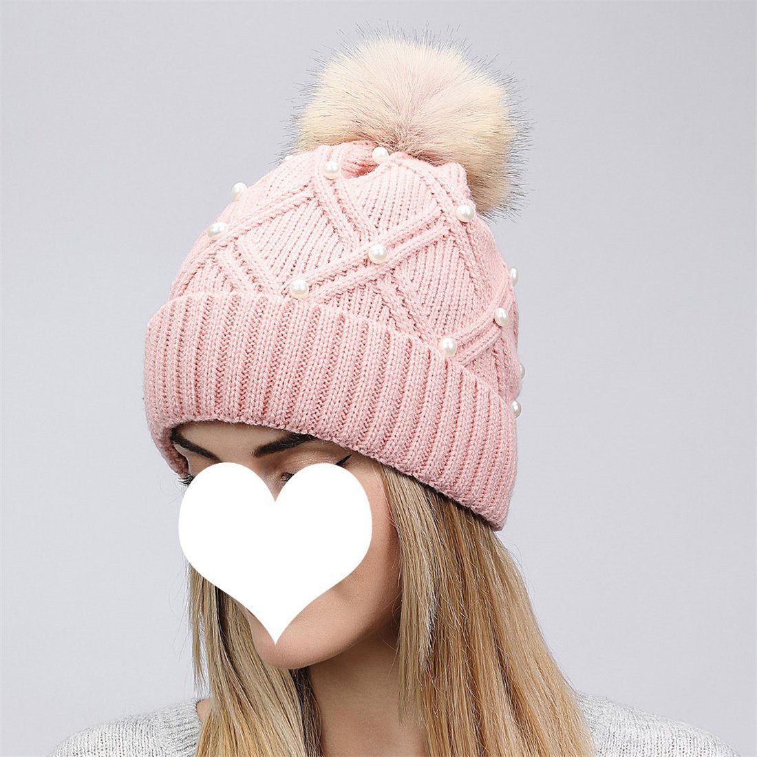 Woolen Knitted Hairball Fashion Winter Thickened DÖRÖY Rosa Women's Cap Warm Cap, Strickmütze