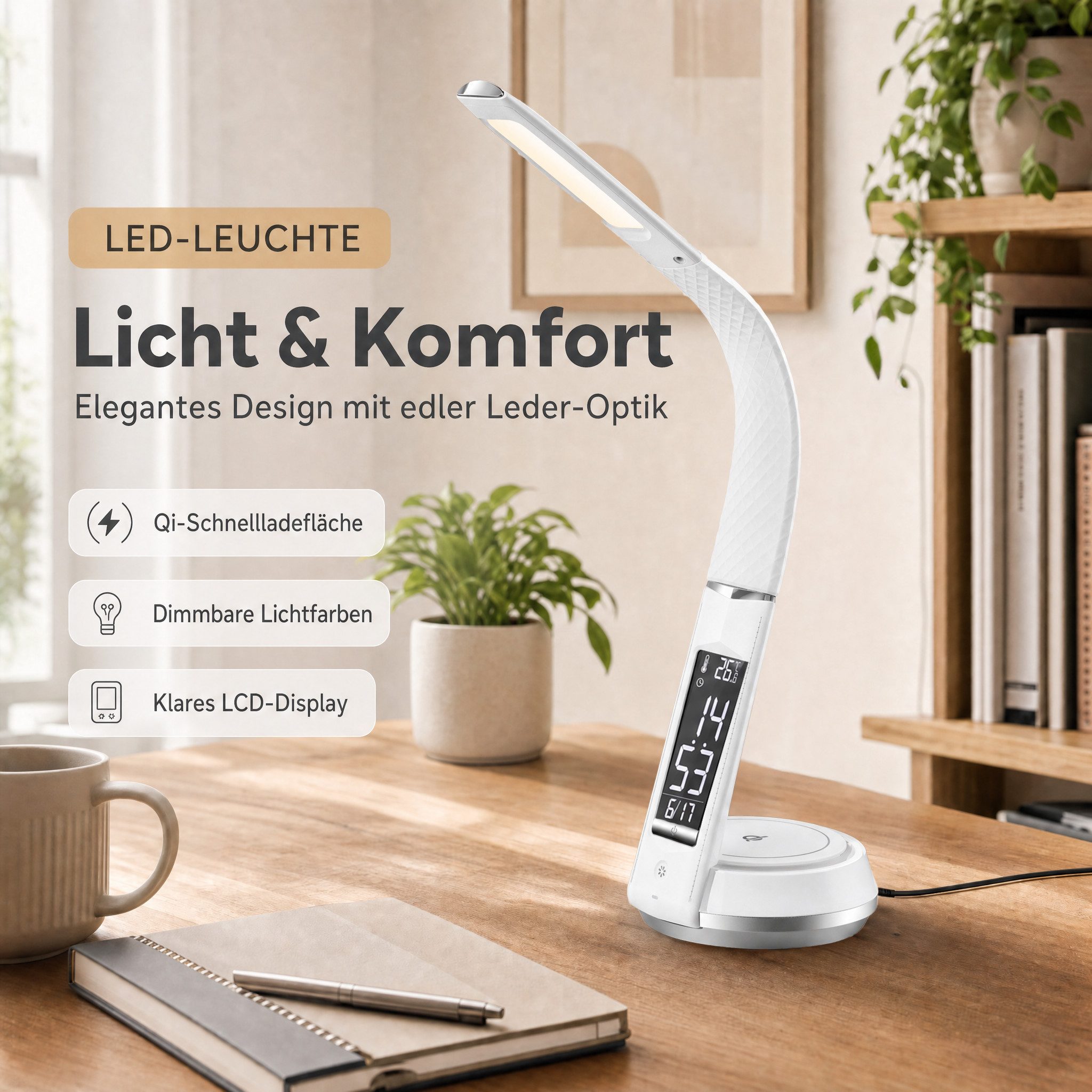 Northpoint LED Schreibtischlampe Tischlampe QI-Ladestation Dimmbar integrierter Uhr & Temperaturanzeige – Bild 3 von 5