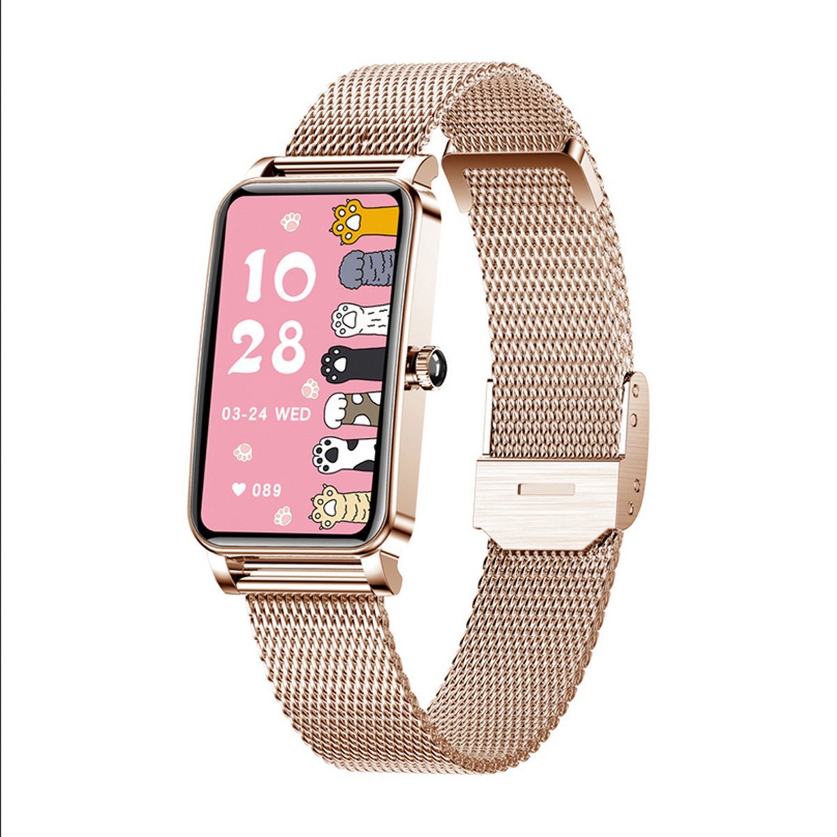 TPFNet SW32 mit Milanaise Armband für Damen - individuelles Display Smartwatch (Android), Armbanduhr mit Musiksteuerung, Herzfrequenz, Schrittzähler, Kalorien, Sportmodus etc. - Rose Gold