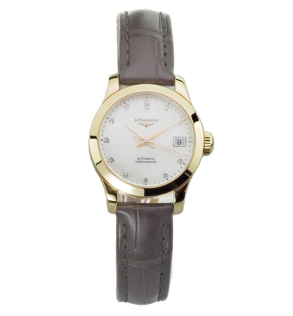 LONGINES Automatikuhr Damen Uhr L23208872 Record 18 Karat Rosegold Chronometer, 18 Karat 750 Roségold