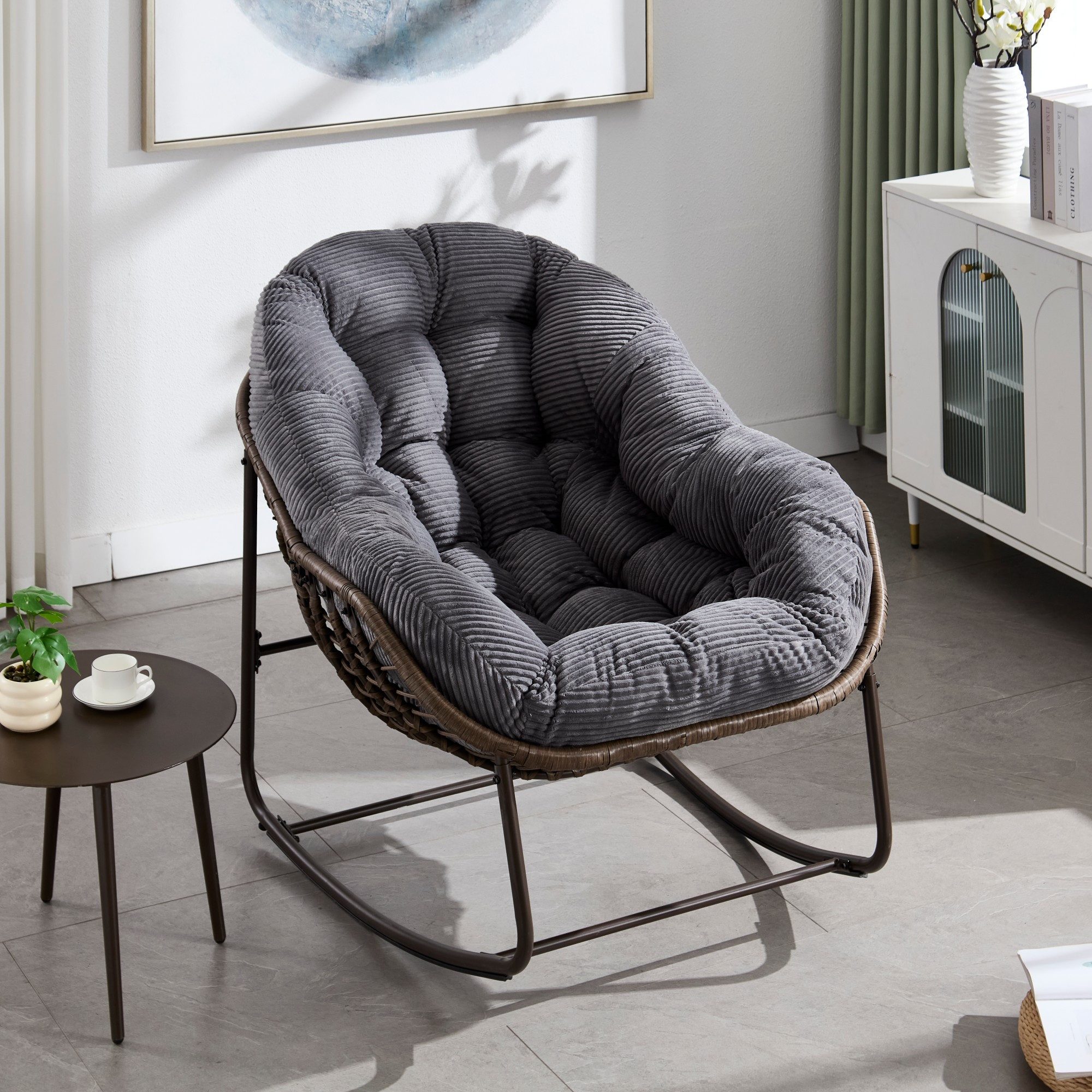 LVHOM Schaukelstuhl dick/gepolsterte Kissen, Rattanstuhl mit Stahlrahmen, Lounge Sessel (Großformat B110.5xT94.5xH80cm,160kg Tragfähigkeit,Dicke Kissen, MEHRE F – Bild 3 von 5