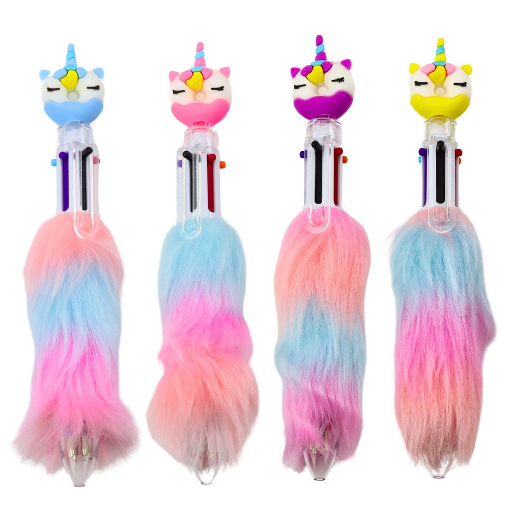 LEAN TOYS Kugelschreiber Druckkugelschreiber Mehrfarbstift Einhornstift, (Spar-Set, 1-tlg., 17, 5 cm flauschig), 6 Tintenfarben, Kunstfell-Anhänger, 0,7 mm