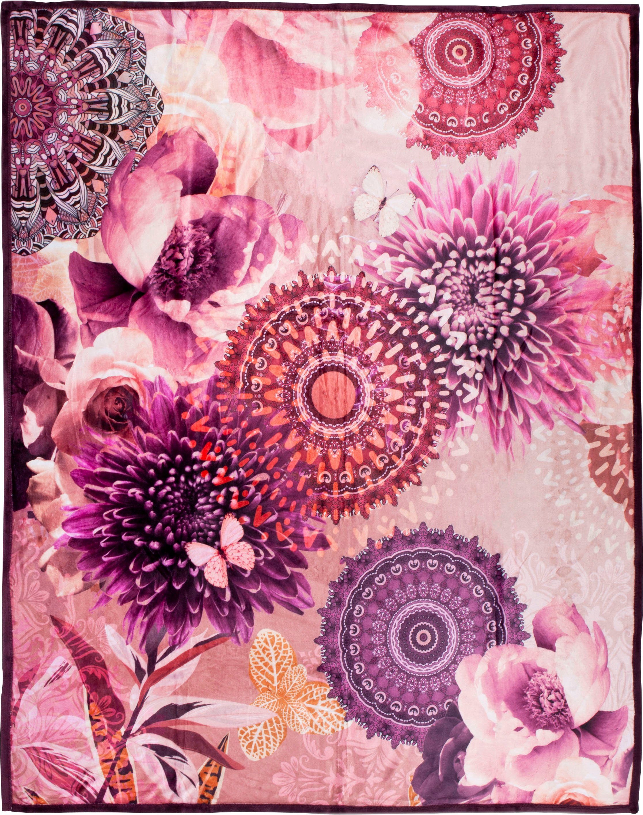 Plaid Espen, hip, mit Mandala und Blumen, Kuscheldecke, Gefertigt aus 100%  Polyvelvet