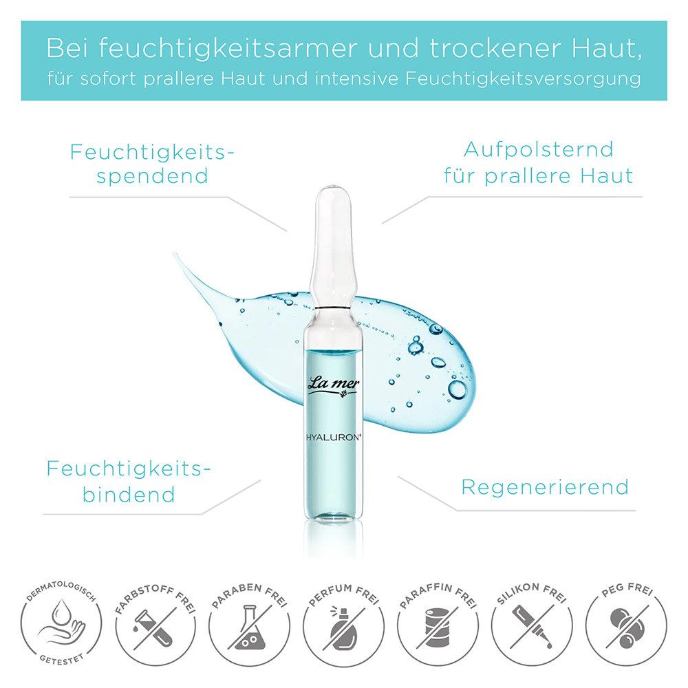 La mer Gesichtspflege Hyaluron+ Ampulle – feuchtigkeitsspendende Hyaluron Ampulle Feuchtigkeitsspendende Wirkstoffampulle mit Hyaluronsäuren & Meeresschlick-Extrakt, polstert die Haut sofort sichtbar auf und mindert Trockenheitsfältchen