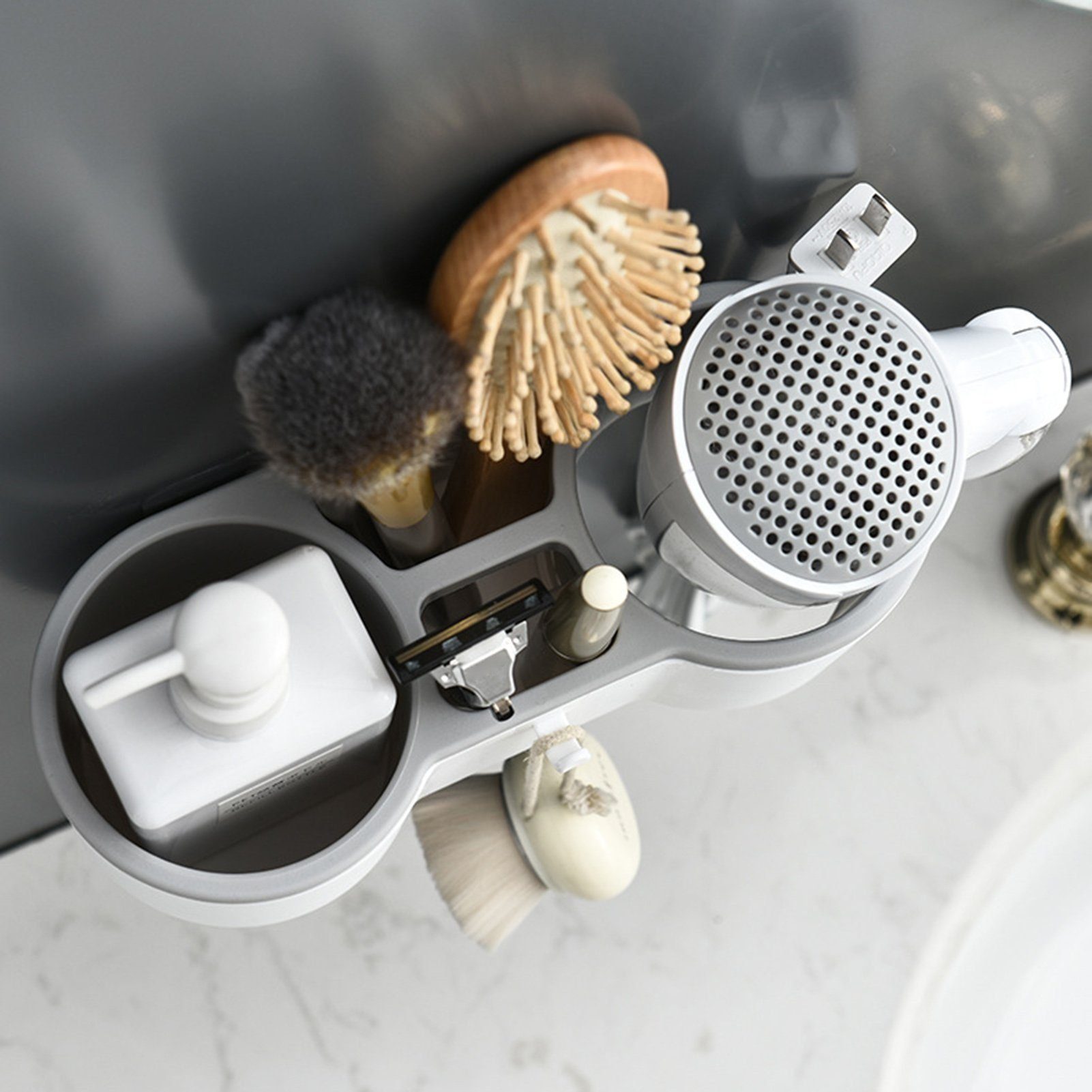 LENBEST Haartrocknerhalter Ohne Haartrocknerhalter, fürs Badorganizer Badezimmer (Haartrocknerhalter, Werkzeuge Föhnhalterung (Multifunktional Halter) Bohren Grau