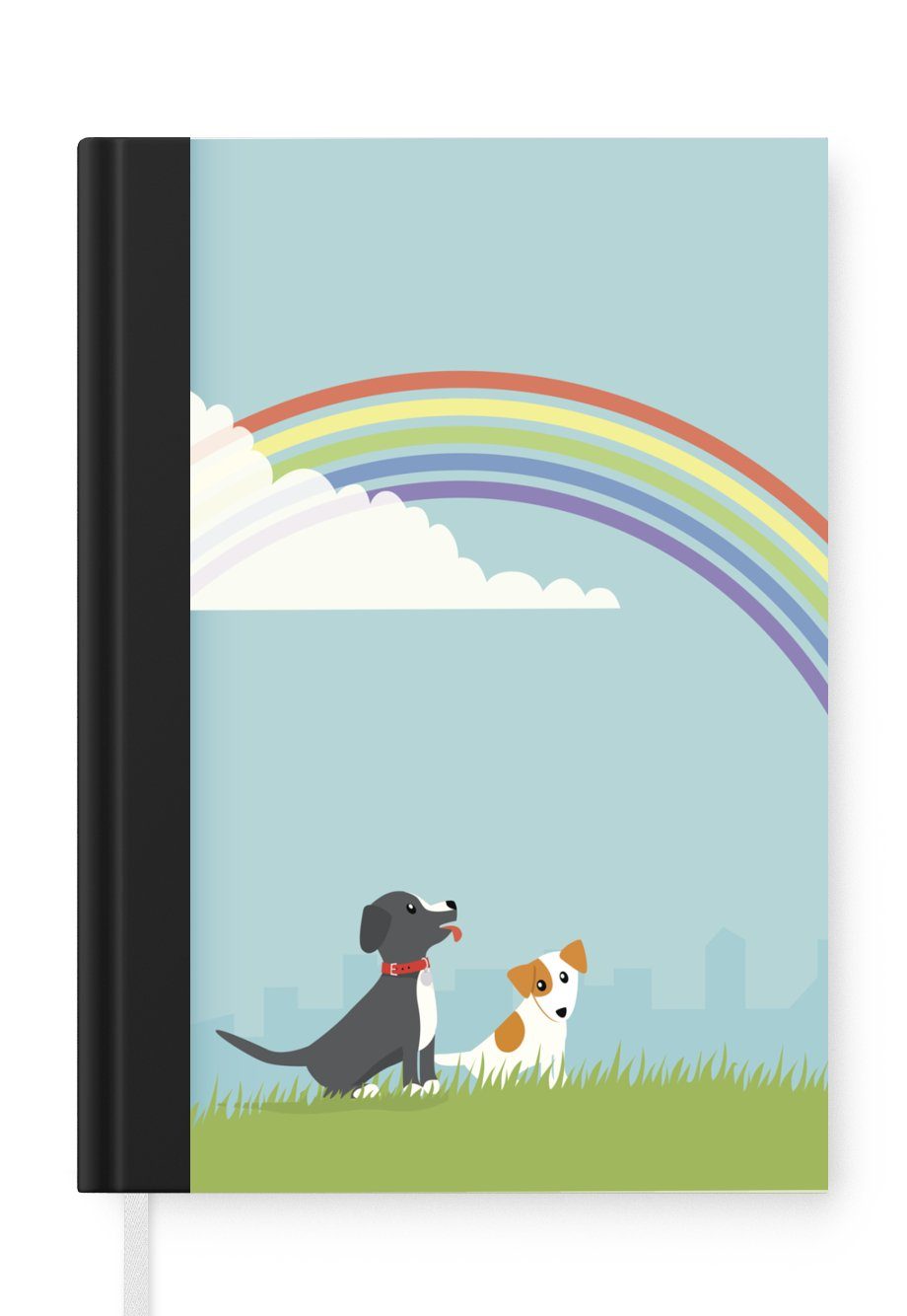 MuchoWow Notizbuch Eine Illustration von zwei Hunden unter einem Regenbogen, Journal, Merkzettel, Tagebuch, Notizheft, A5, 98 Seiten, Haushaltsbuch