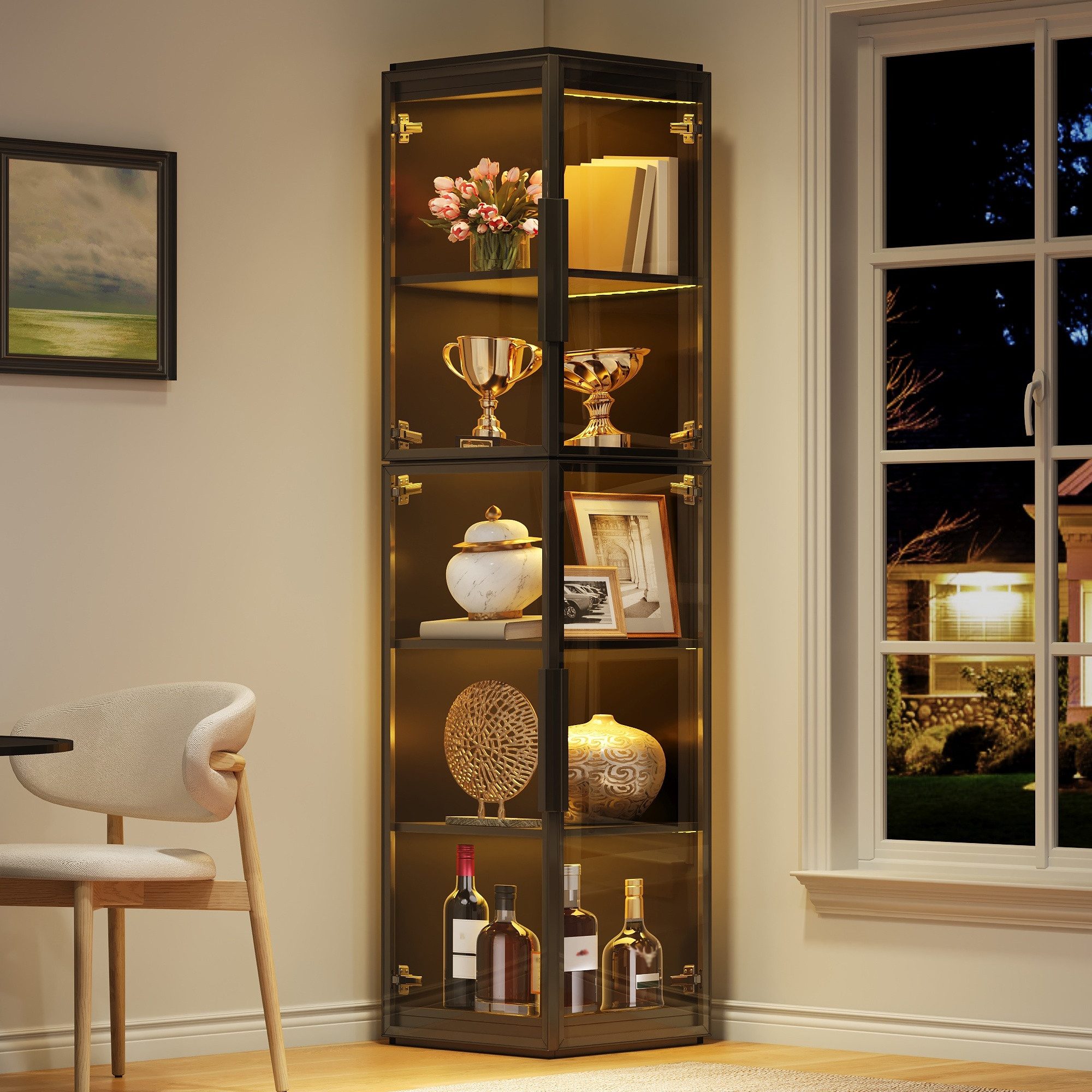 Flieks Eckvitrine Eckschrank Hochschrank mit LED-Beleuchtung und 4 Acryltüren, 5 Ebenen (1-St., 40x40x170 cm) Standvitrine Vitrinenschrank Mehrzweckschrank mit 5 Fächern Schwarz