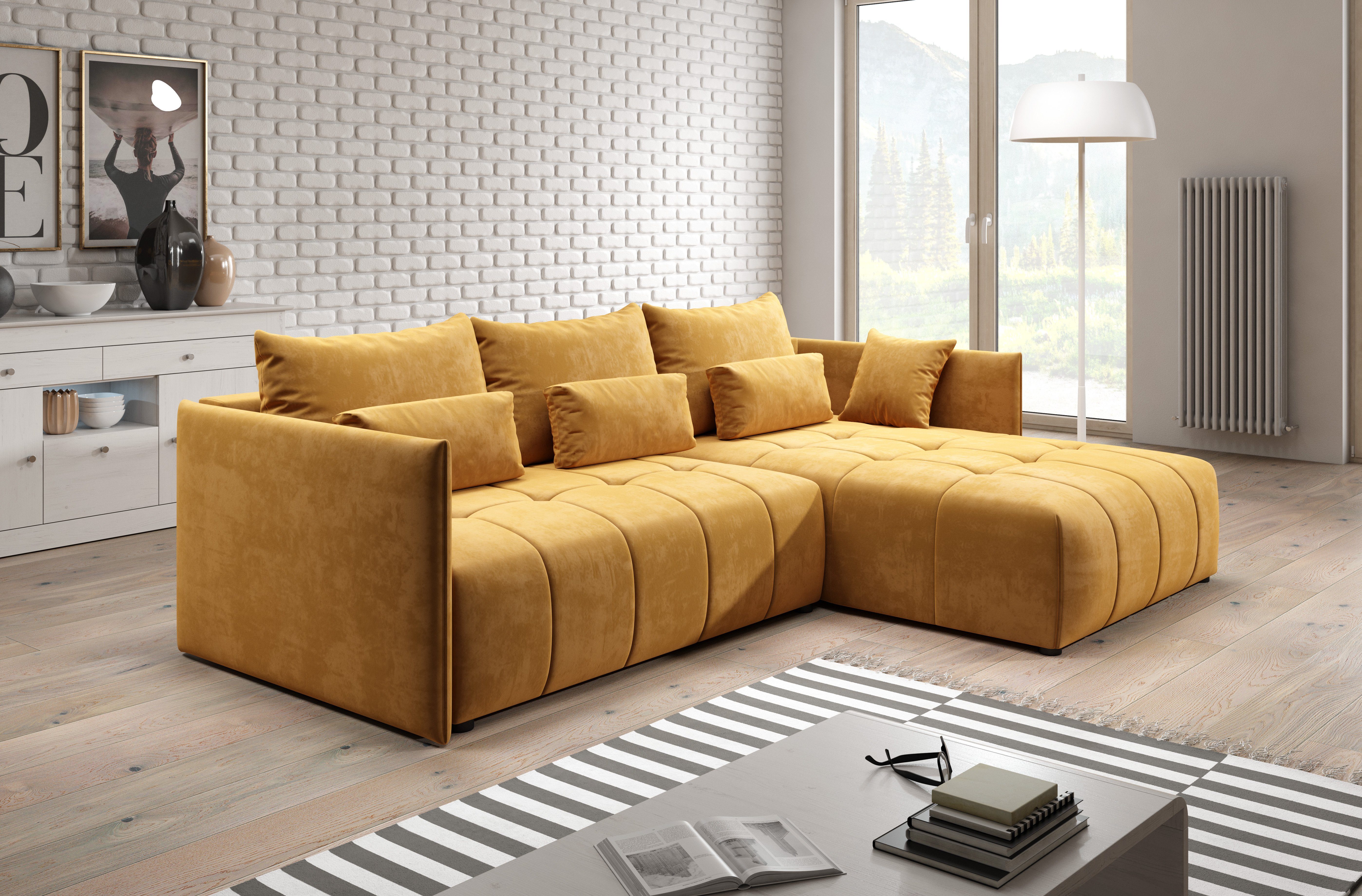 Furnix Ecksofa YALTA Schlafsofa Couch Bettkasten 01 Europe mit ausziehbar Braun-Gold und Made KR Kissen, in