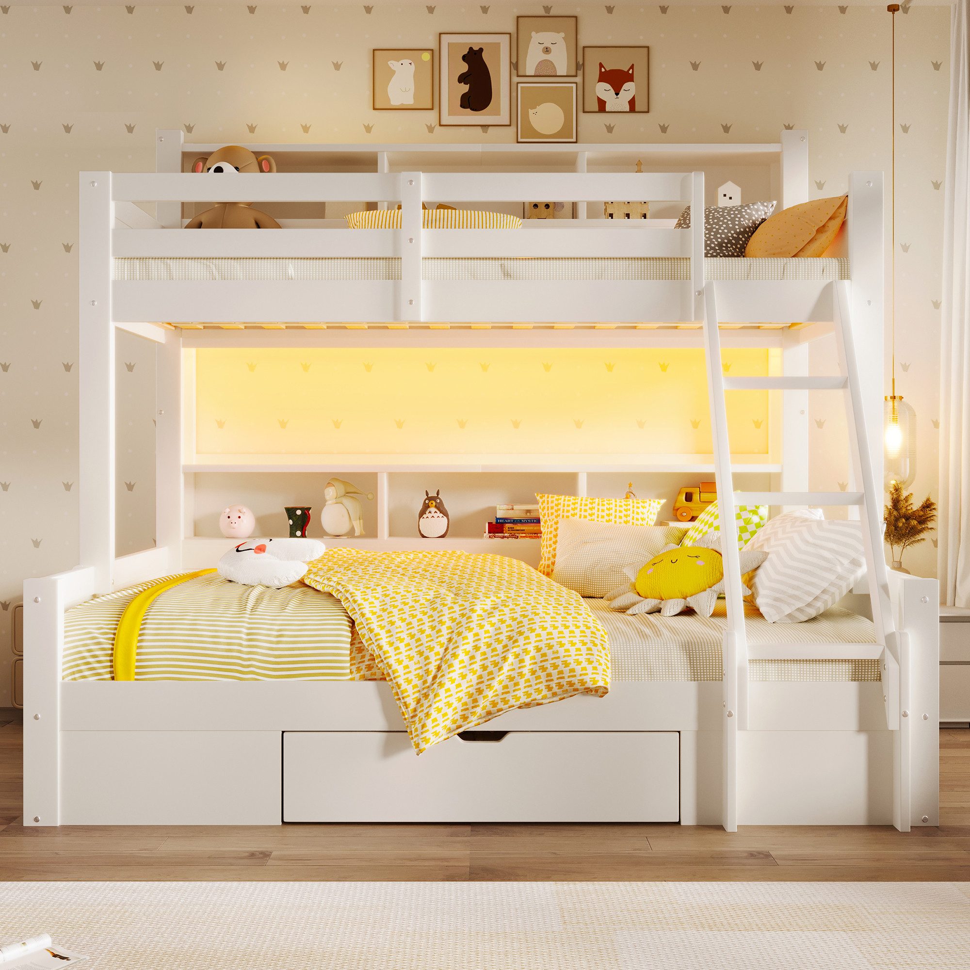 Merax Etagenbett 90x200cm/140x200cm mit LED-Lichtleiste (1-St., Jugendbett Mehrzweckbett Stockbett), Kiefernholz Kinderbett mit Schublade,Leiter, Gitter, offener Stauraum