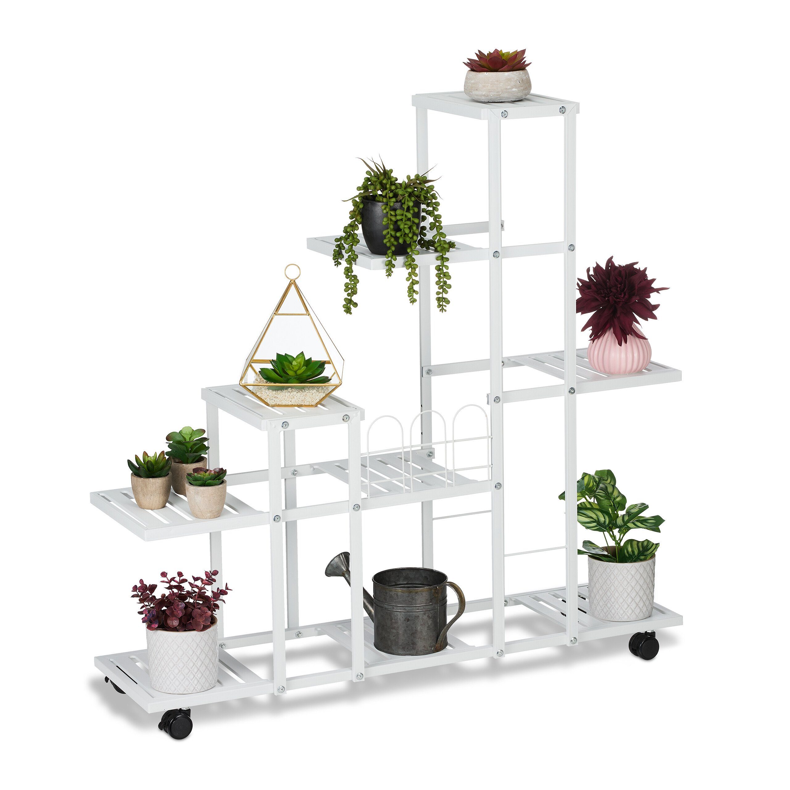 relaxdays Pflanzentreppe Weißer Blumenständer mit Rollen günstig online kaufen