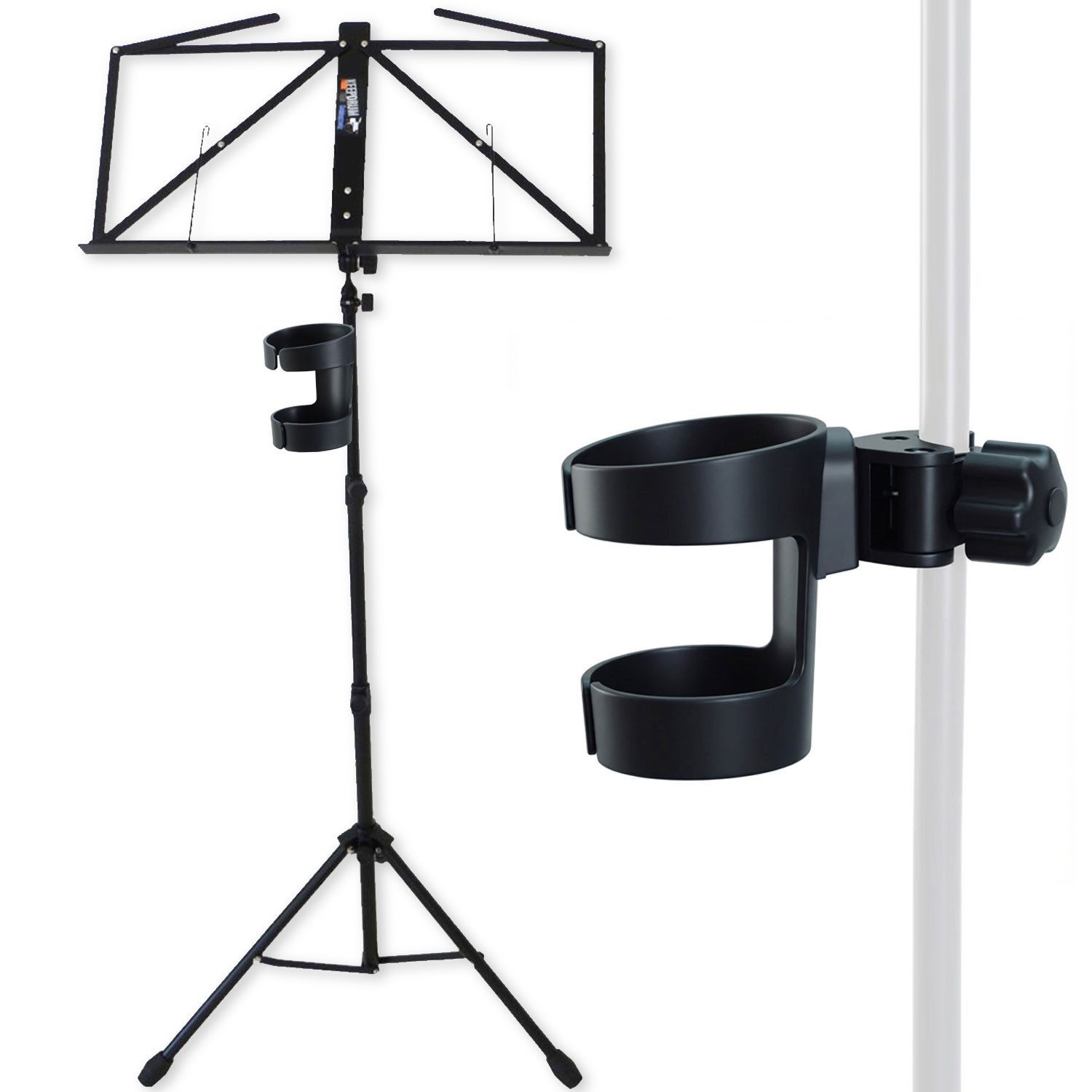 keepdrum Notenpult keepdrum Notenständer MUS3BK Schwarz mit Getränkehalter, (1-tlg., Notenständer), Vorteils-Set mit Getränkehalter