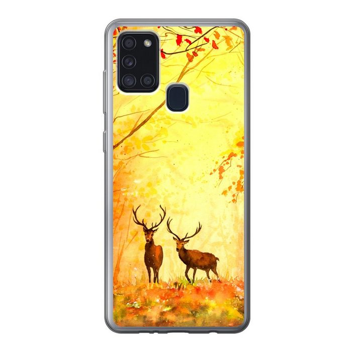 MuchoWow Handyhülle Natur - Ölfarbe - Hirsche - Tiere - Herbst - Orange Handyhülle Samsung Galaxy A21s Smartphone-Bumper Print Handy