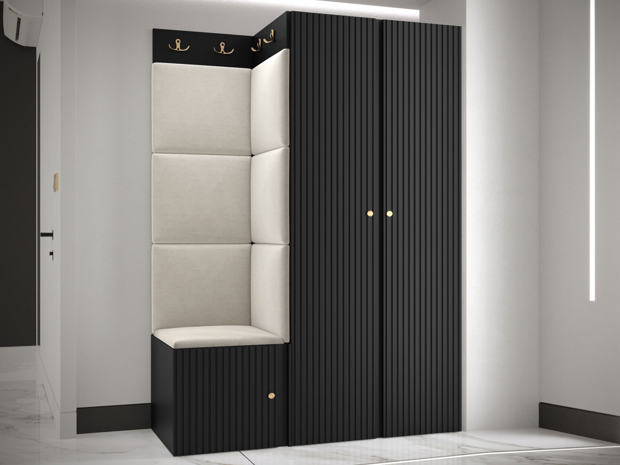 MIRJAN24 Garderoben-Set Orion Ryfel Slim XXIII, (Kleiderschrank, Schuhschrank, Kleiderhakenbrett, 7x Paneel 42x42), 8 Kleiderhaken für Kleidung, Metallgriffe
