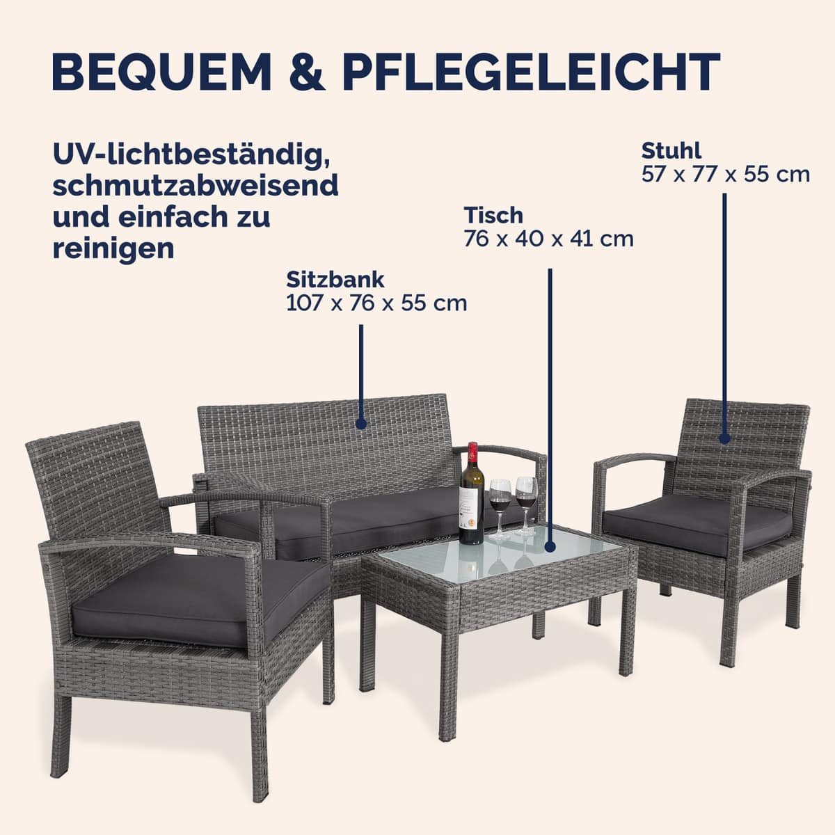 Casaria Balkonset, 4 Personen Wetterfest 7 teilig Polyrattan 2x Sessel Gartenbank Tisch