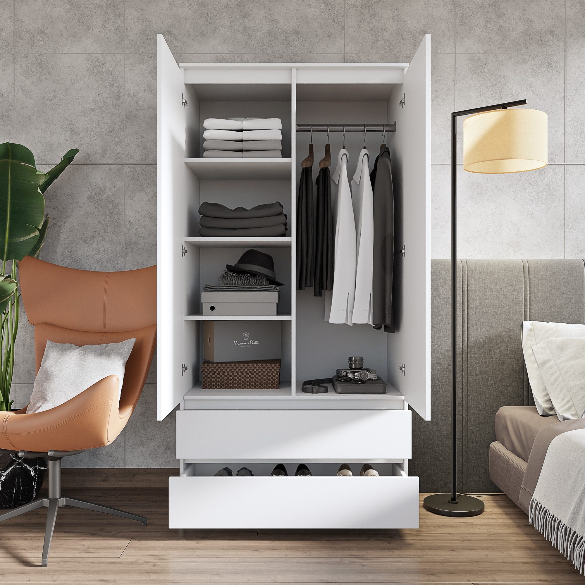 Furnica Kleiderschrank Garderobenschrank, 2 Türen und 2 Schubladen H180 x B90 x T50cm – Bild 2 von 5