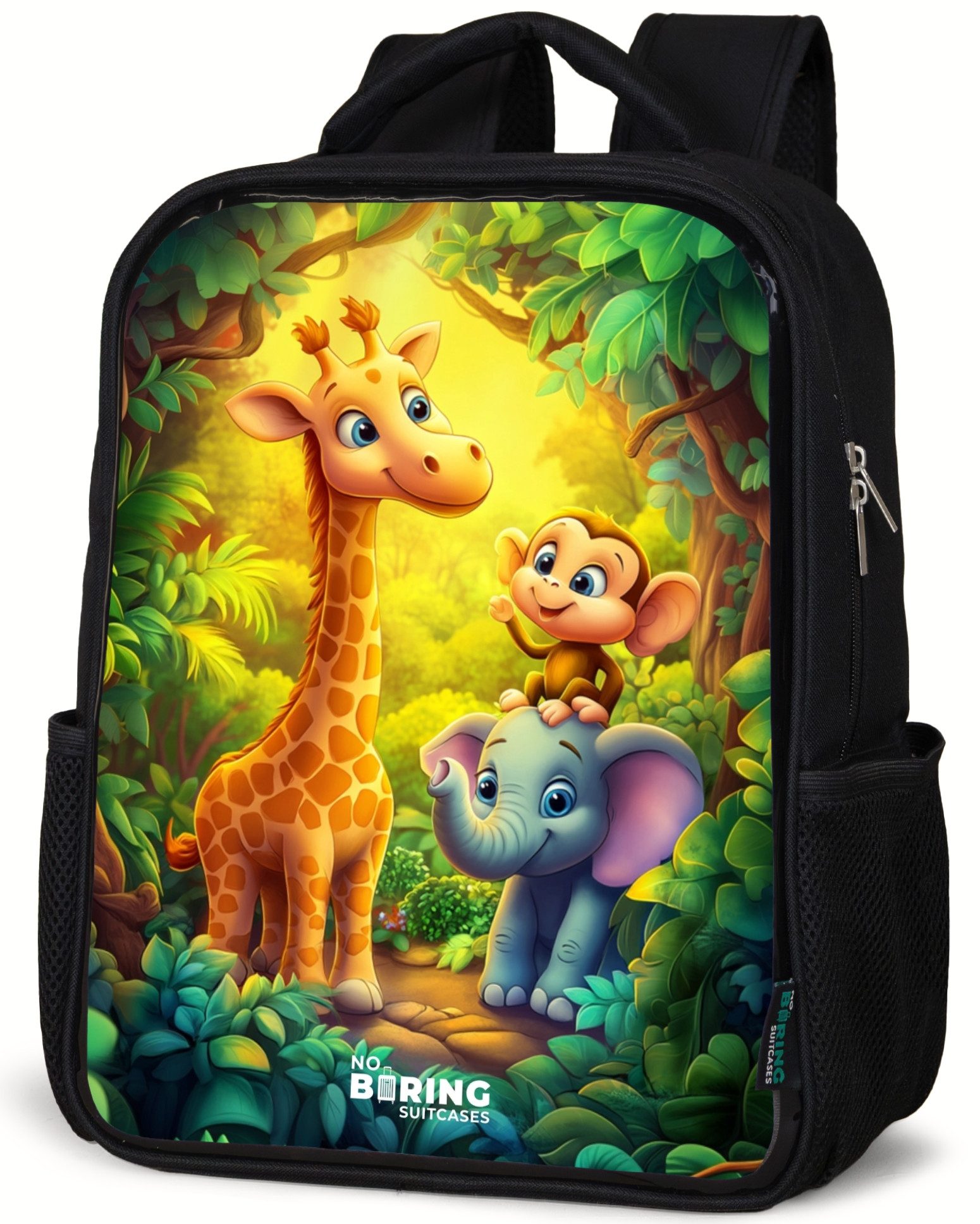 Giraffe, Elefant und Affe im Wald
