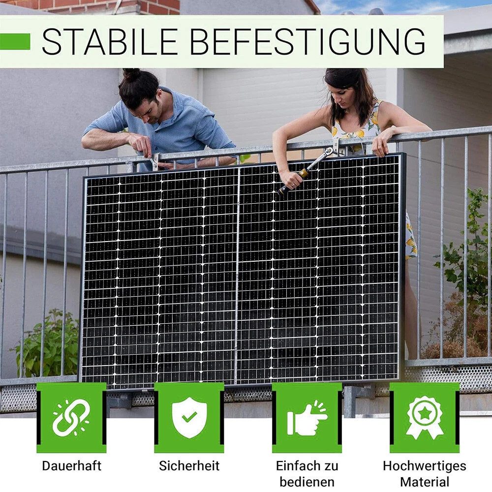 Rhein Beleuchtung Solarmodul-Halterung Einstellbare Solarpanel Halterung 114/118cm mit Balkonhaken, (bis 44 Zoll, Set, 4-tlg., Aus Edelstahl als Solarmodul Halterung für Balkonkraftwerk, Universelles Design, spart Platz am Balkon, steigert Solarertrag)
