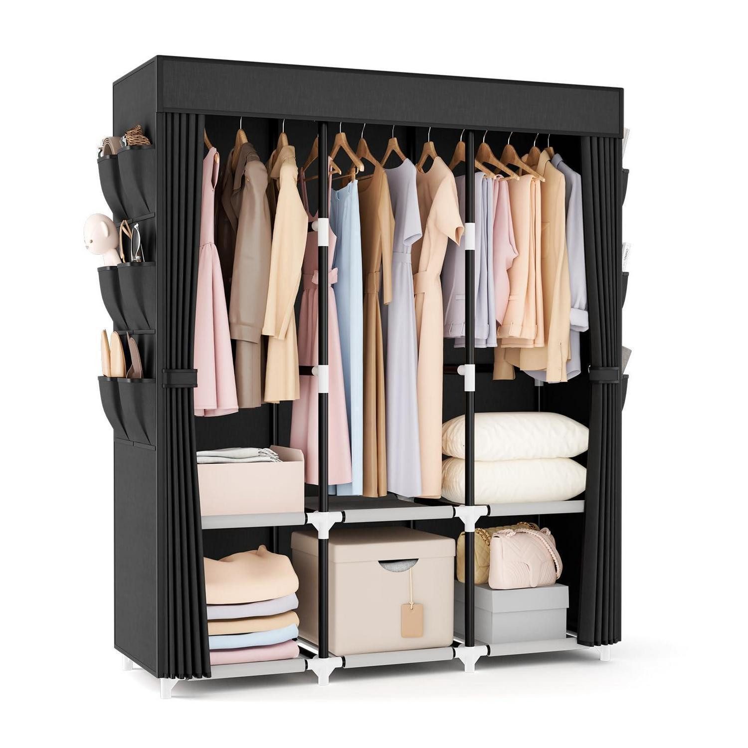 LuxusKollektion Kleiderschrank Stoffkleiderschrank 132x44x160cm Schwarz 3 Stangen