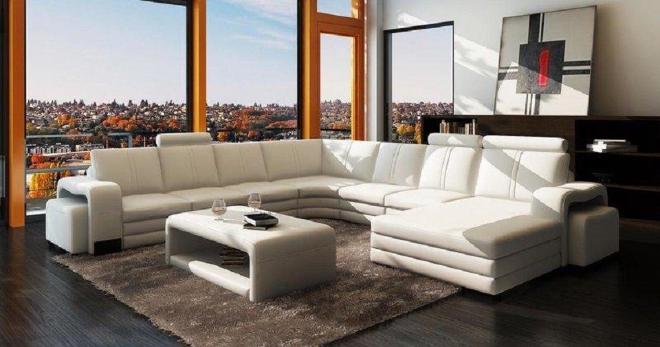 JVmoebel Wohnzimmer-Set, Ecksofa U-Form + 2x Hocker + Couchtisch Couch Design Polster Leder Weiß