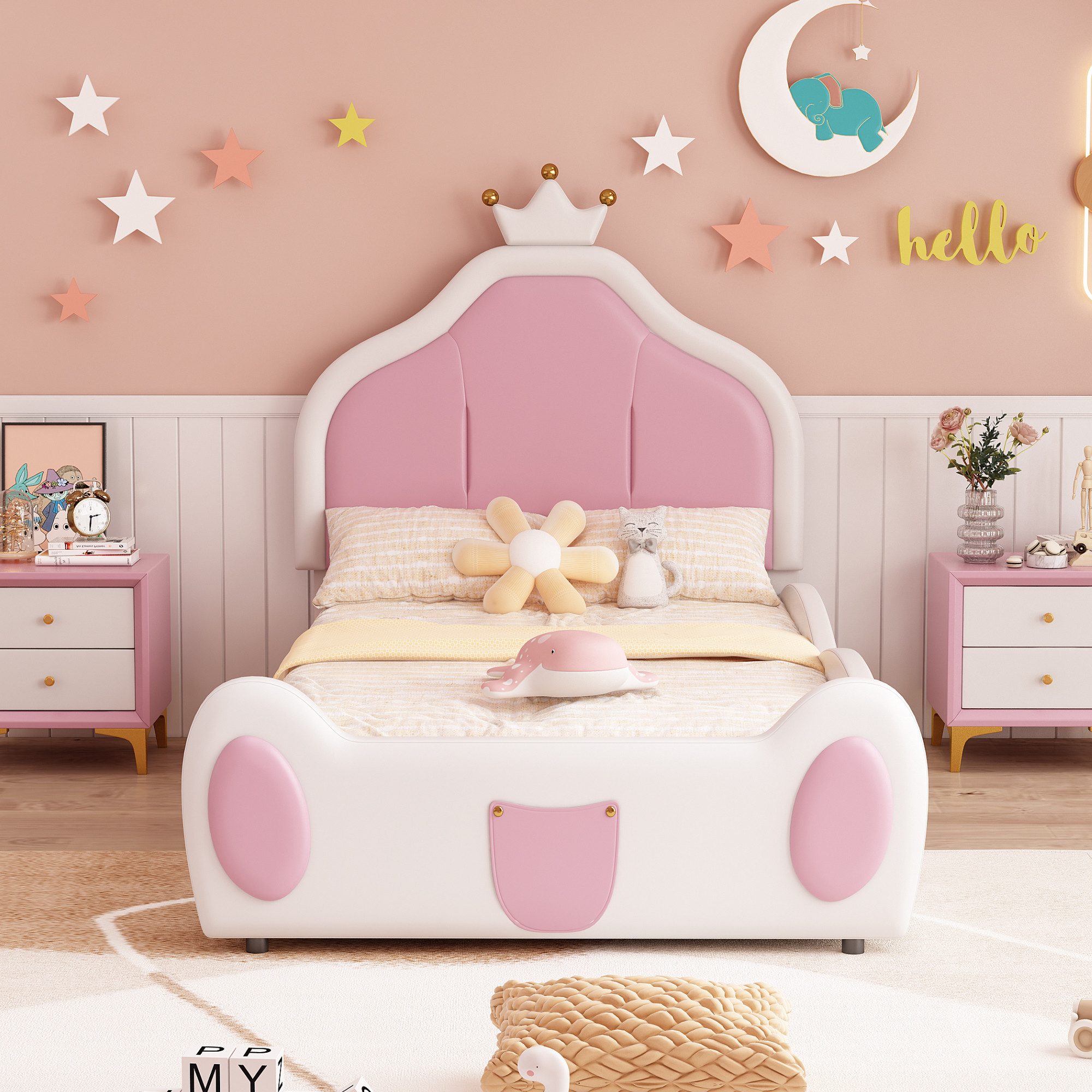 Flieks Polsterbett, Kinderbett Einzelbett 90x200cm mit Krone Kopfteil Kunstlederstoff