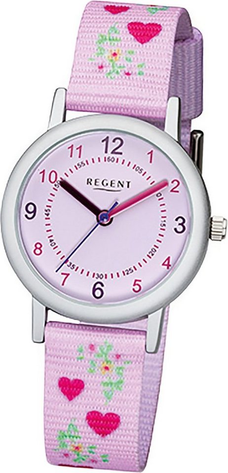Regent Quarzuhr Regent Textil Stoff Kinder Uhr F-1129, Kinderuhr Textil,  Stoffarmband lila, rosa, rundes Gehäuse, (ca. 29mm)
