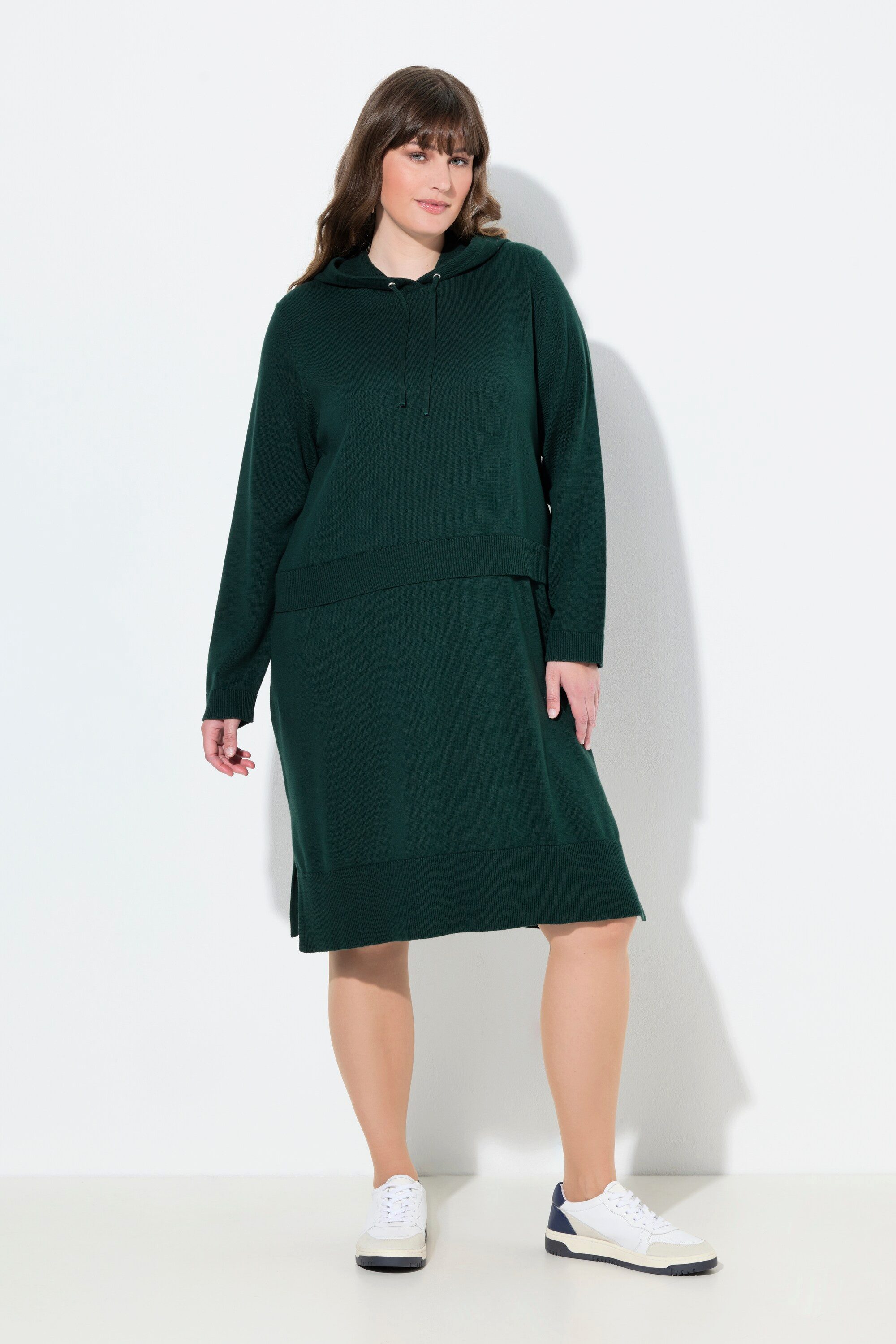 Ulla Popken Strickkleid Strickkleid Lagenoptik Kapuze Langarm Biobaumwolle