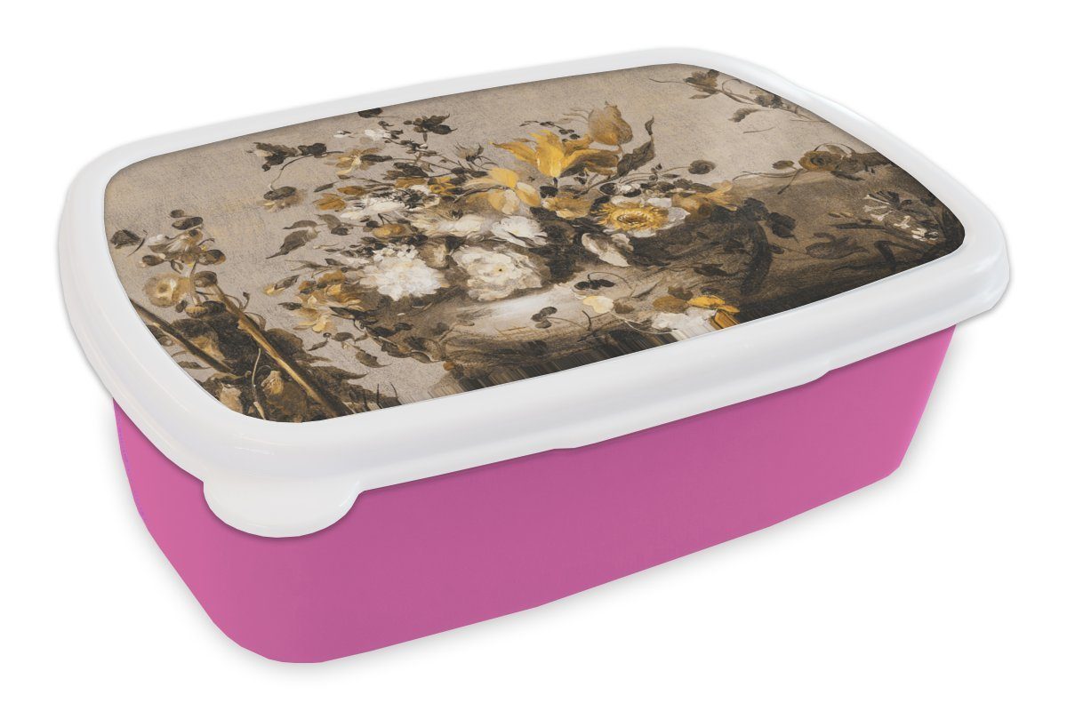 Erwachsene, - Brotbox Meister Kunststoff Snackbox, (2-tlg), Gelb, Brotdose Kinder, Mädchen, Kunststoff, MuchoWow - für Lunchbox rosa Alte Blumen
