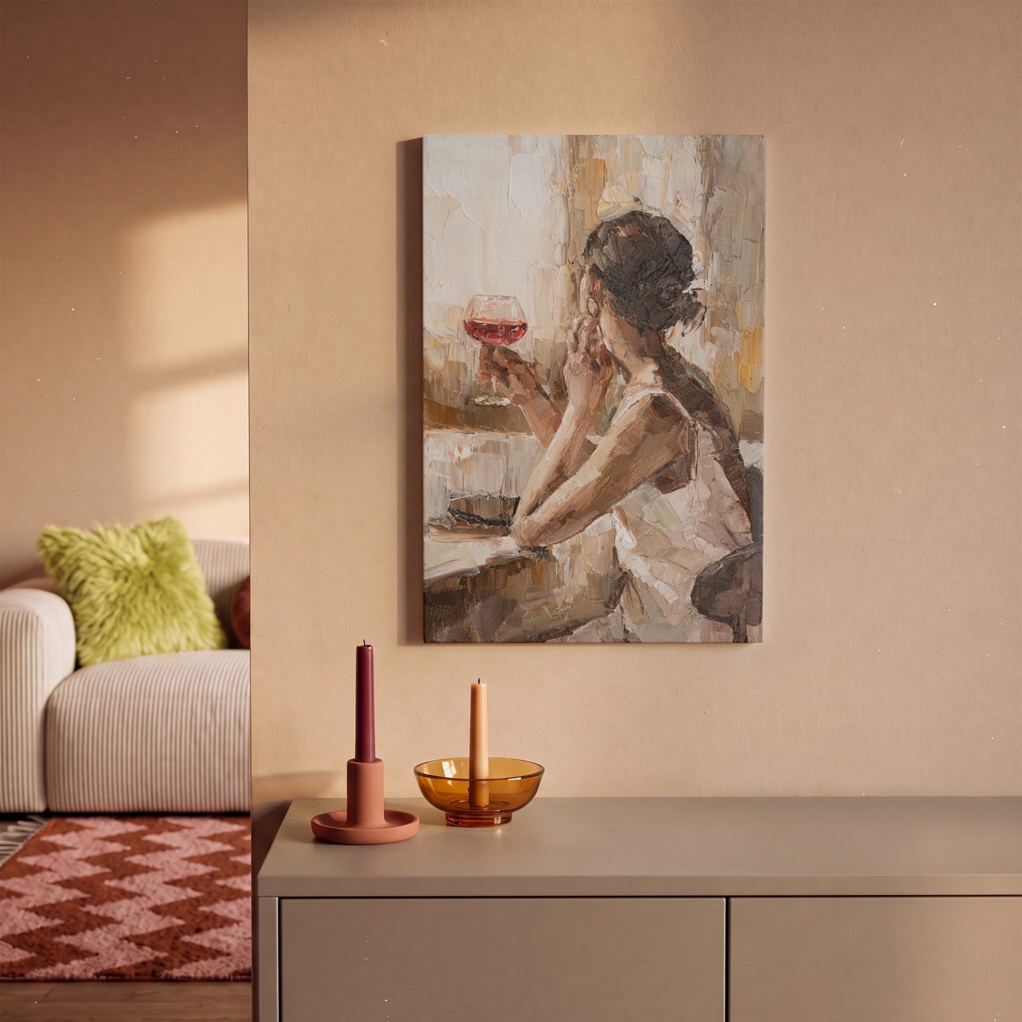 OneMillionCanvasses® Leinwandbild Kunstdrucke - Ölfarbe - Frau - Wein, Fotodruck (1 St), Wandbild, Deko Schlafzimmer Wohnzimmer Flur 20x20 cm – Bild 2 von 5