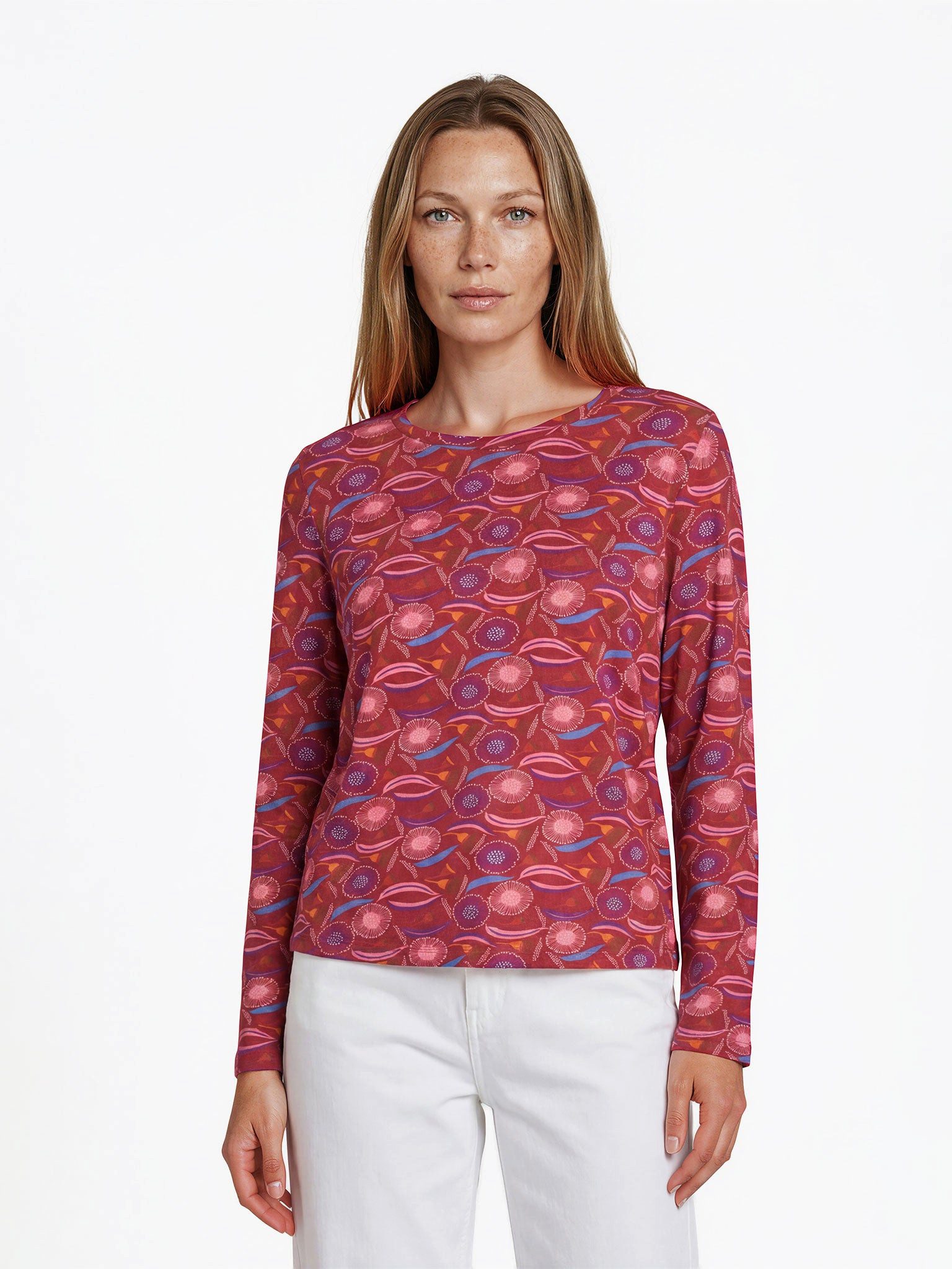 Himalaya Clothing Langarmshirt Damen Shirt Viskose grafisches Allover Muster Relaxedfit Langarm Elastisch, weich im Griff und mit klassischem Rundhalsausschnitt
