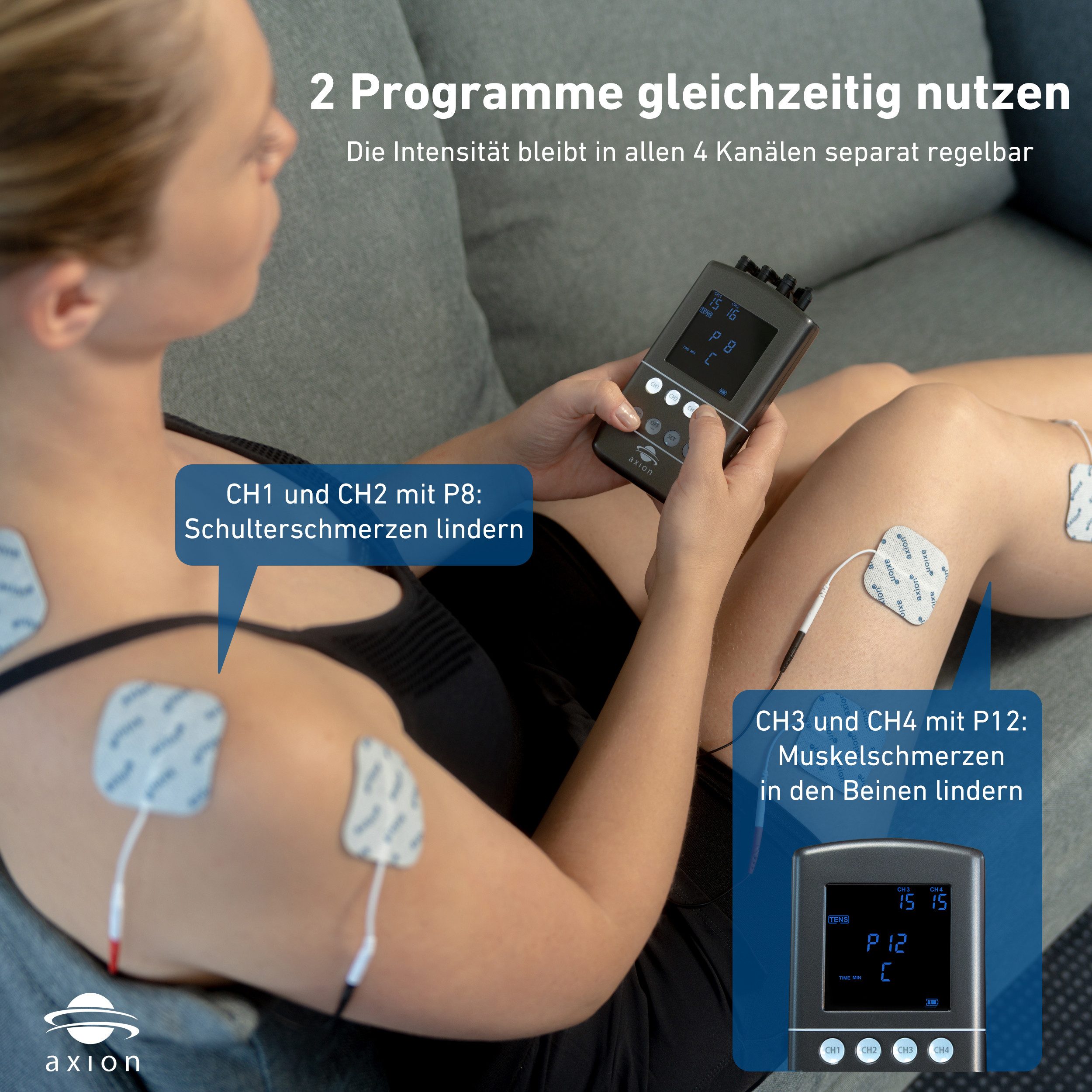 Axion TENS-EMS-Gerät STIM-PRO X9B 4-Kanäle zur Schmerztherapie, Muskelaufbau, Medizinprodukt nach MDR (EU) 2017/745