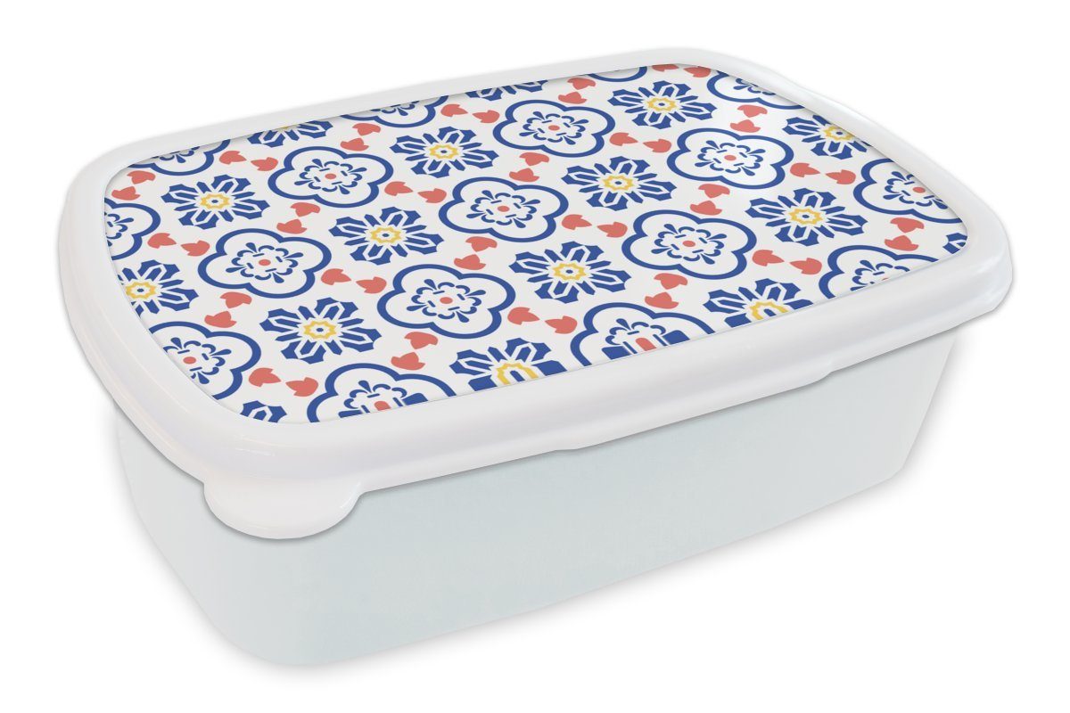 MuchoWow Lunchbox Blume - Blau - Rot - Muster, Kunststoff, (2-tlg), Brotbox für Kinder und Erwachsene, Brotdose, für Jungs und Mädchen weiß