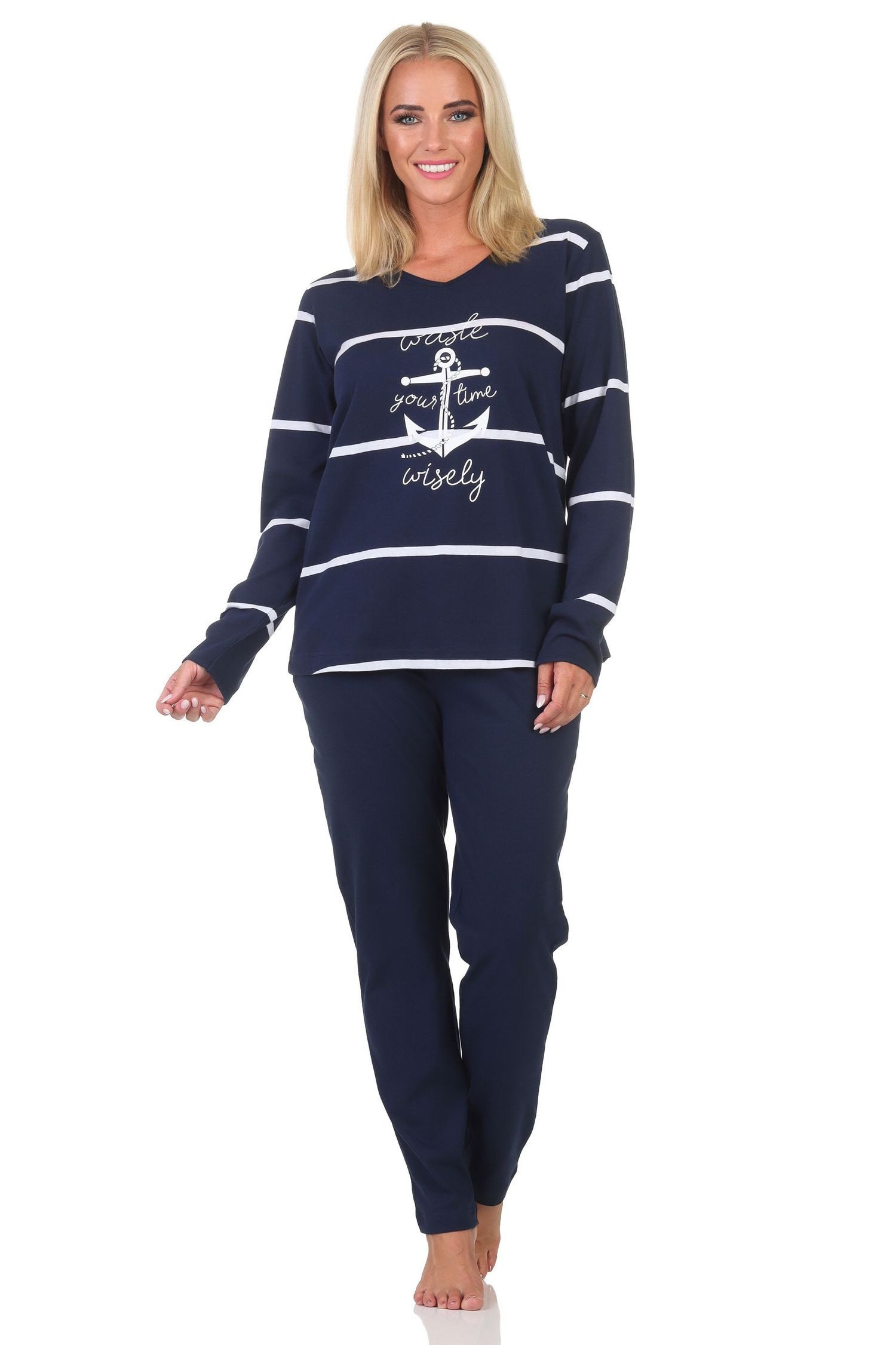 Normann Pyjama Damen Schlafanzug in maritimer Optik mit Anker - auch in Übergrößen