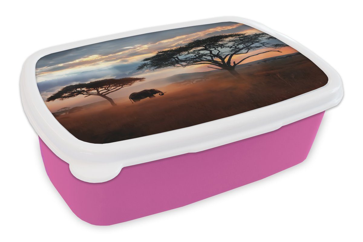 MuchoWow Lunchbox Elefant - Baum - Berg - Afrika, Kunststoff, (2-tlg), Brotbox für Erwachsene, Brotdose Kinder, Snackbox, Mädchen, Kunststoff rosa