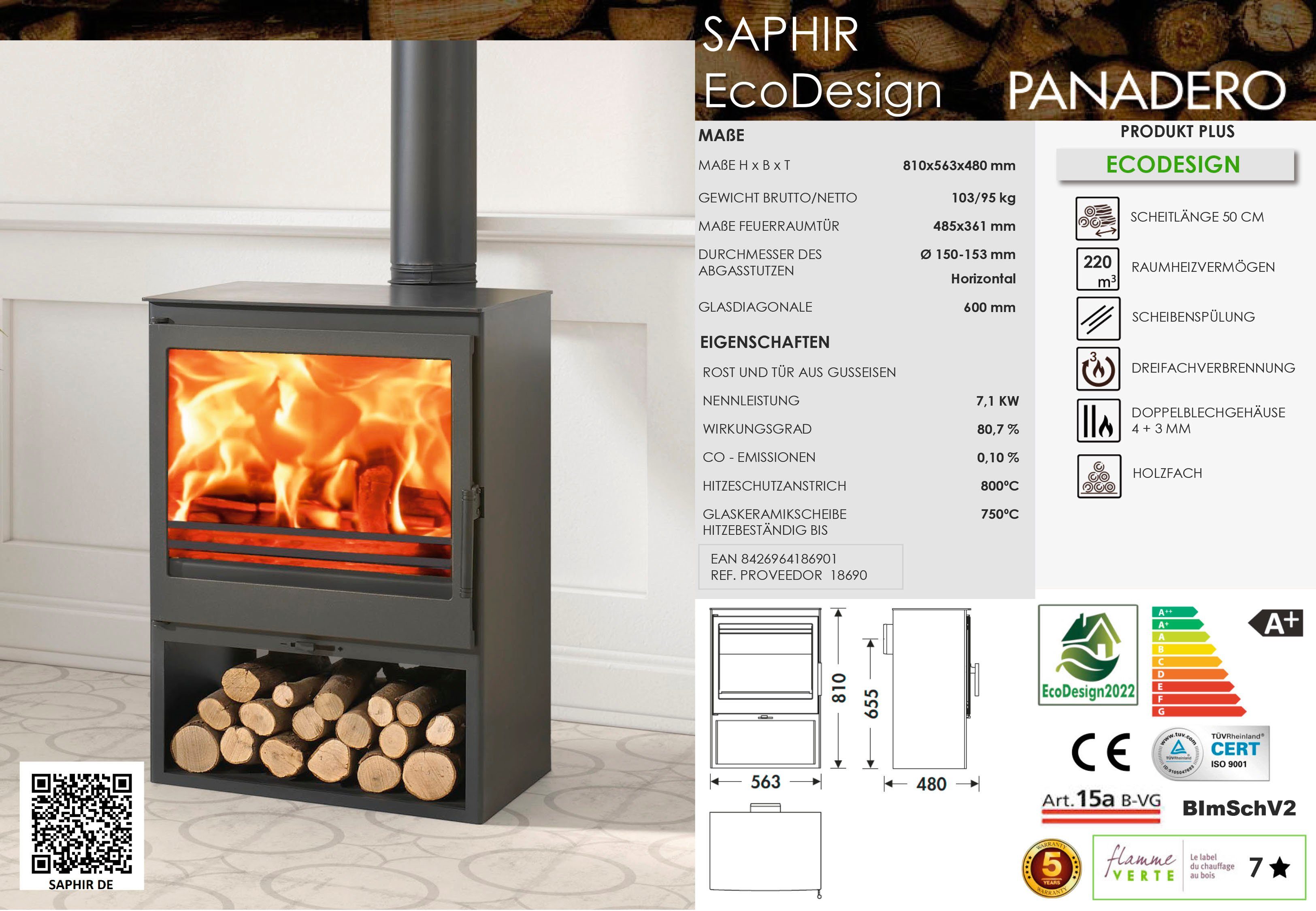 Zeitbrand, Ecodesign, kW, Kaminofen (1-tlg) Saphir Panadero 7,1