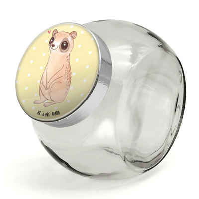 Mr. & Mrs. Panda Vorratsglas L 870ml Plumplori Glücklich - Gelb Pastell - Geschenk, Aufbewahrungsd, Premium Glas, (1-tlg), Eigene Motive