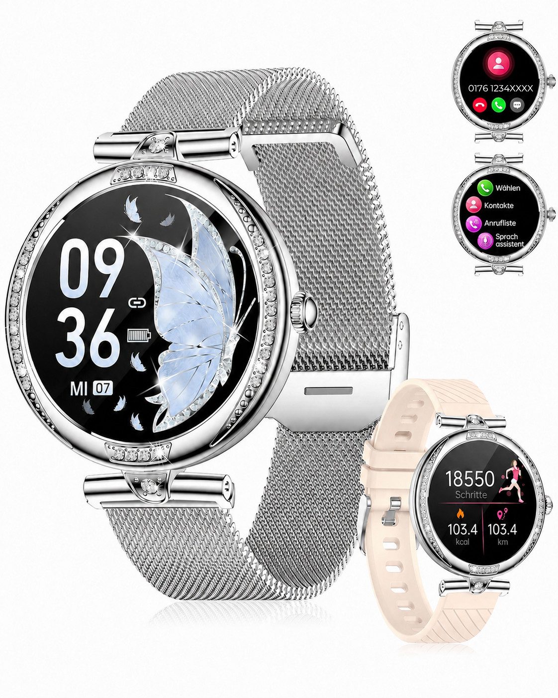 Futicare Smartwatch Damen im Schmuck-Look, 1,19 '' AMOLED Display, Smartwatch mit 16 mm schmales Armband, Bluetooth-Anrufe, App-Benachrichtigungen, Herzfrequenz, Schlafanalyse, Schrittzähler, Zyklus-Erinnerung, kompatibel mit Android 5.0 und iOS 10.0 oder höher