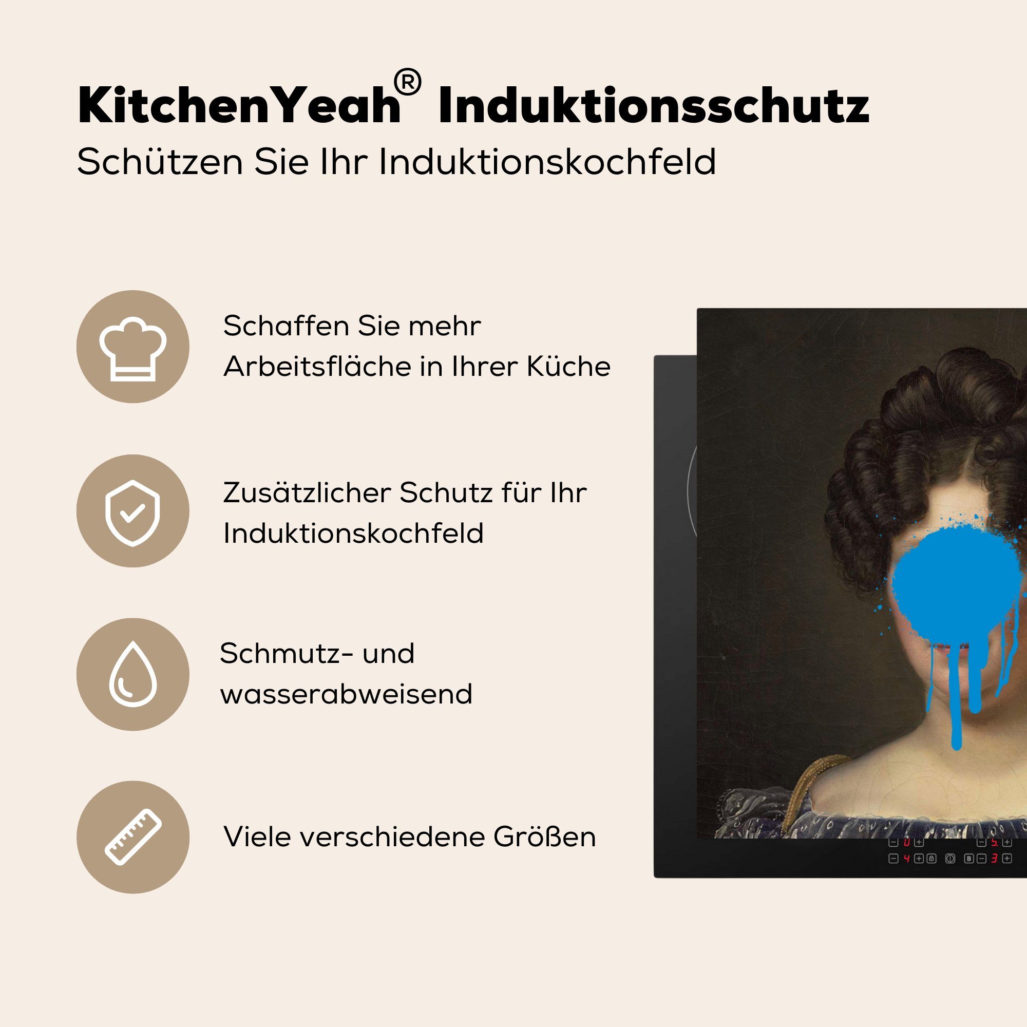 Arbeitsplatte 78x78 tlg), Kunst Frau MuchoWow - Farbe, - Ceranfeldabdeckung, Herdblende-/Abdeckplatte (1 für Vinyl, küche cm,