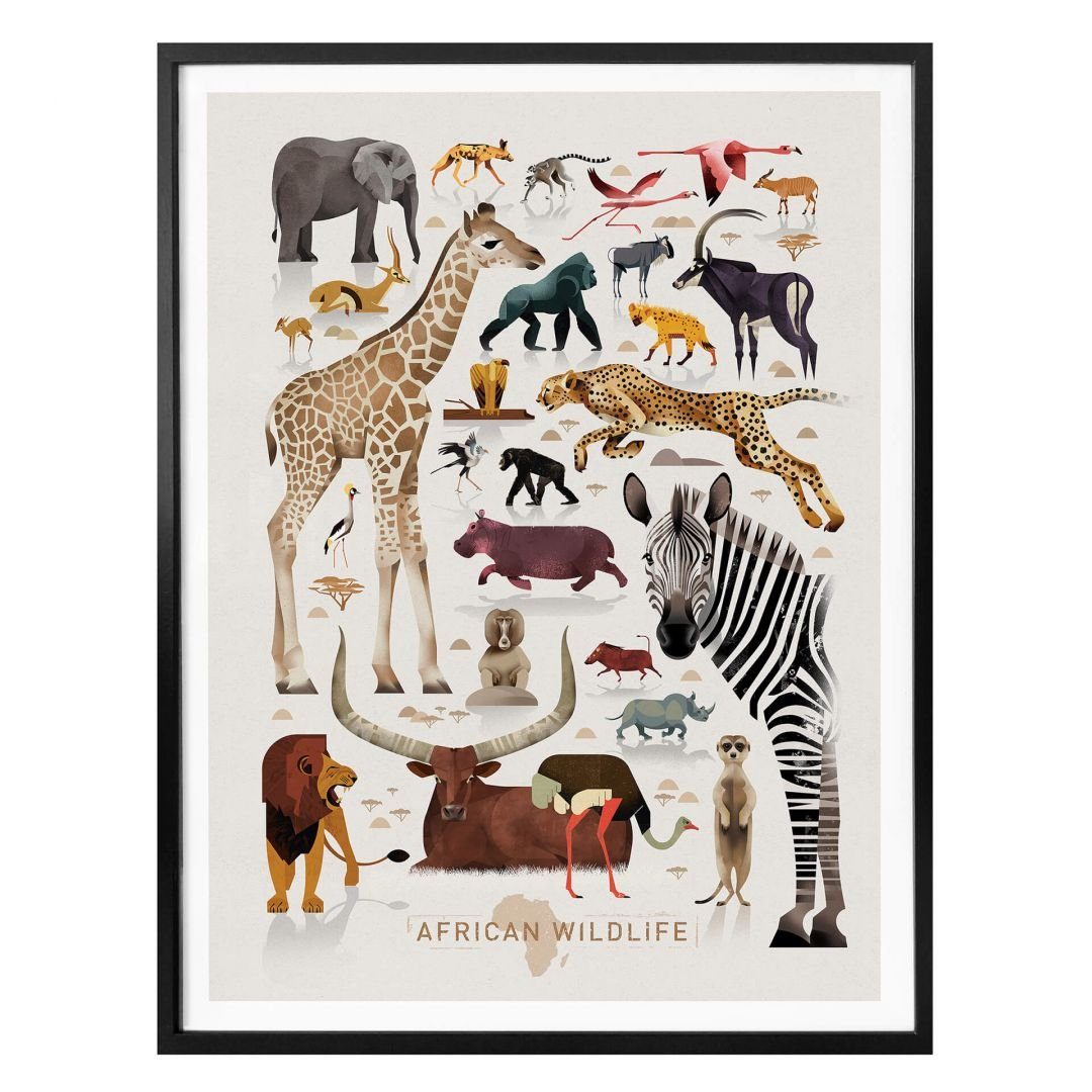 K&L Wall Art Poster Poster Braun Safari Afrika Waldtiere Elefant Zebra Löwe, Kinderzimmer Wandbild modern
